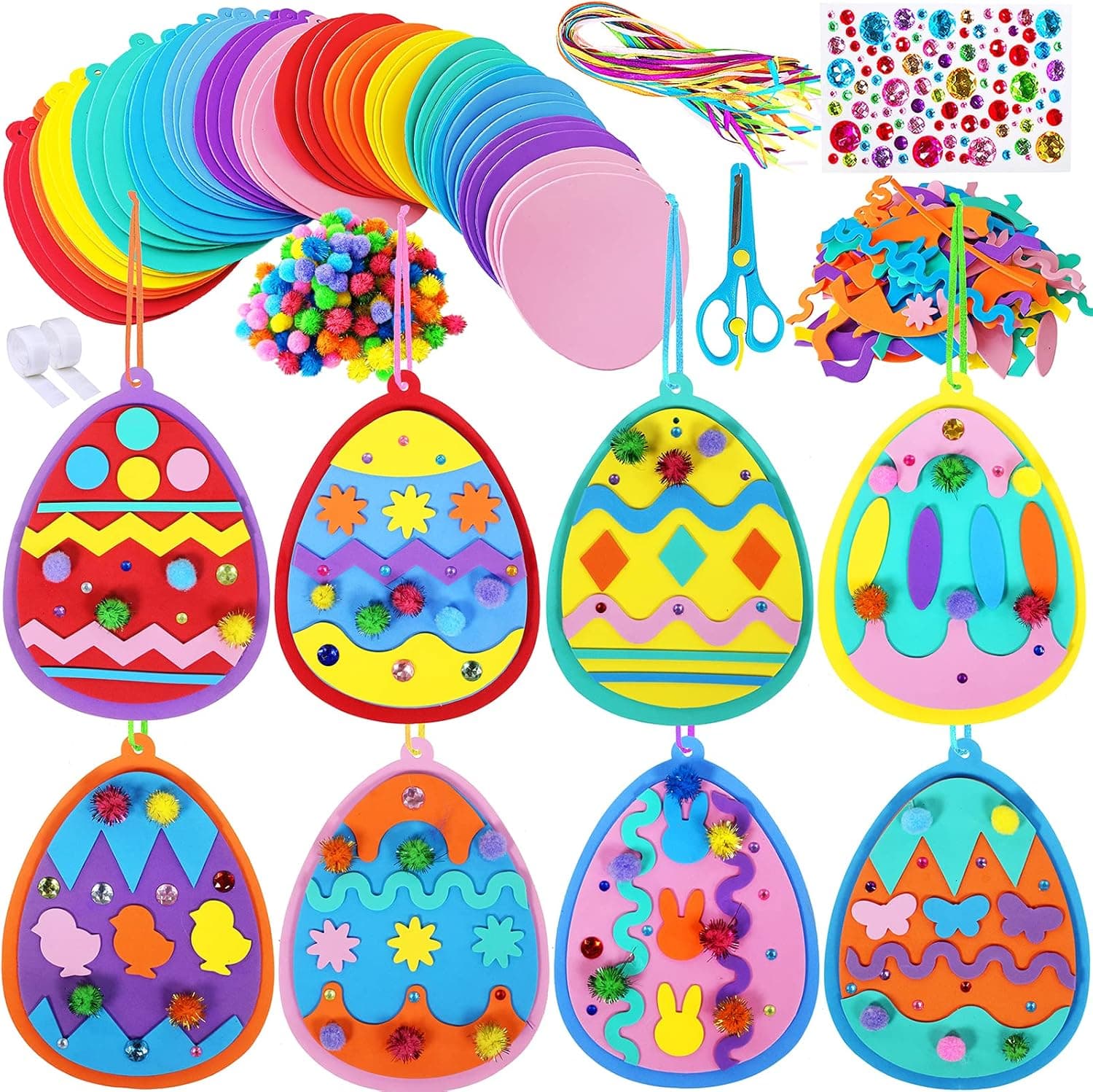 24 Sets Easter Egg Ornaments Decorations DIY Easter Craft Kits Assorted Easter Eggs Bunny Chick Foam Stickers Pom-poms for Kids Party Favors Easter Spring Classroom Home Activity Art Project