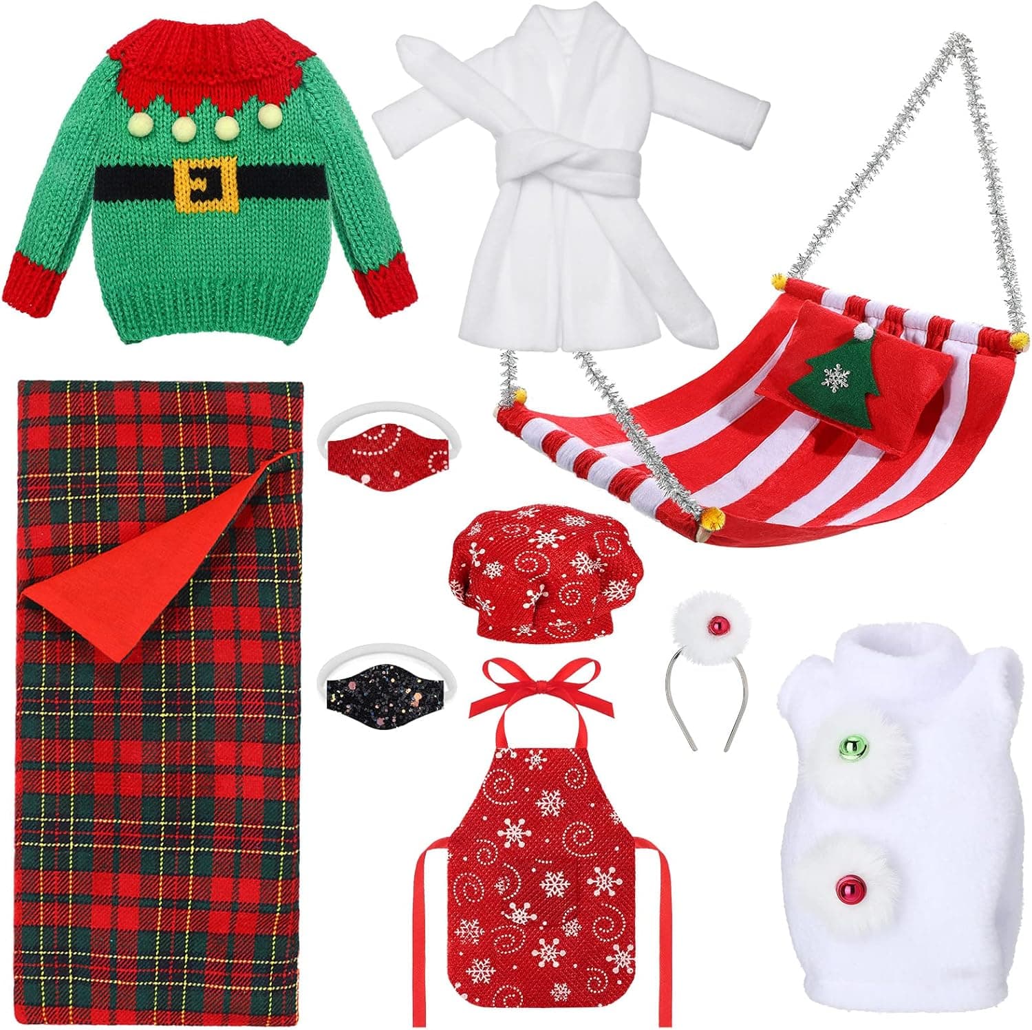 10 Pcs Christmas Elf Accessories with Elf Doll Clothes Kit Doll Sleeping Bag Bathrobe Apron Chef Hat Elf Hammock Green Red Elf Doll Mask for Xmas Elf Doll Costume Outfits Stocking Stuffers (Cool)