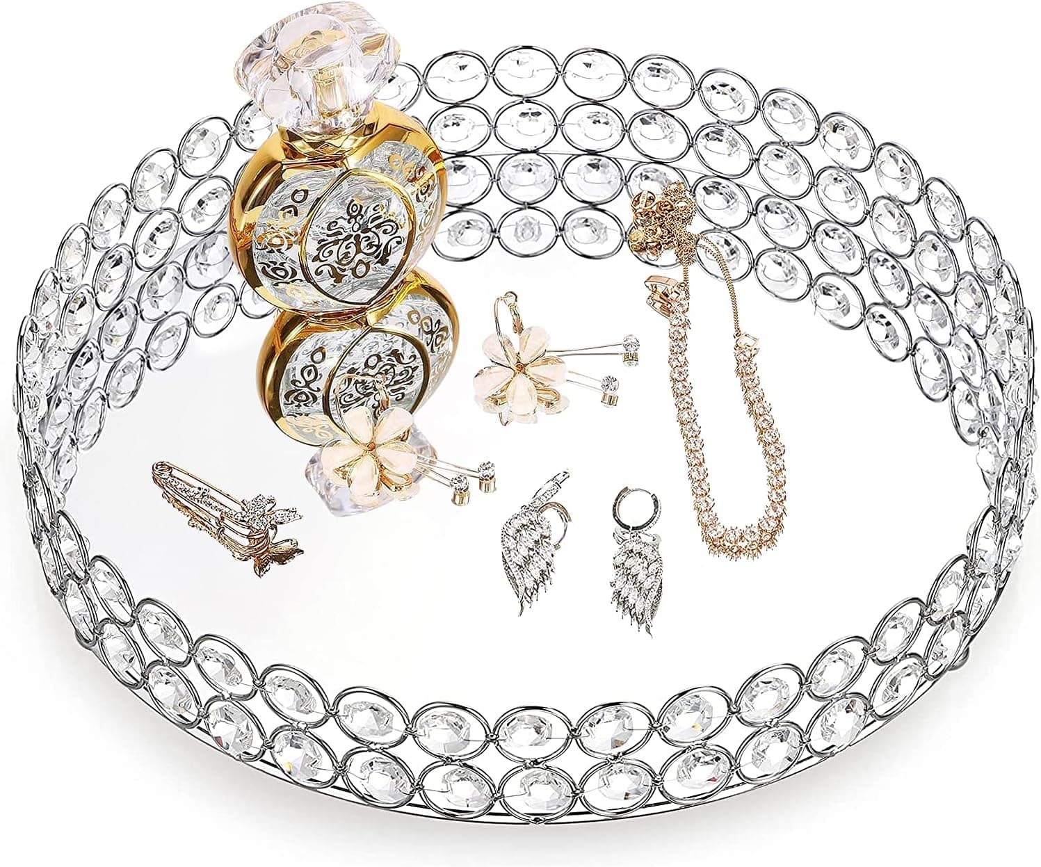 YIMODO Crystal Makeup Vanity Tray, Crystal Make up Tray with Crystal Weaving and Felt Mirror Bottom Crystal Jewelry Organizer Round Tray for Perfume Trinket Storage and Home Decor (Silver)