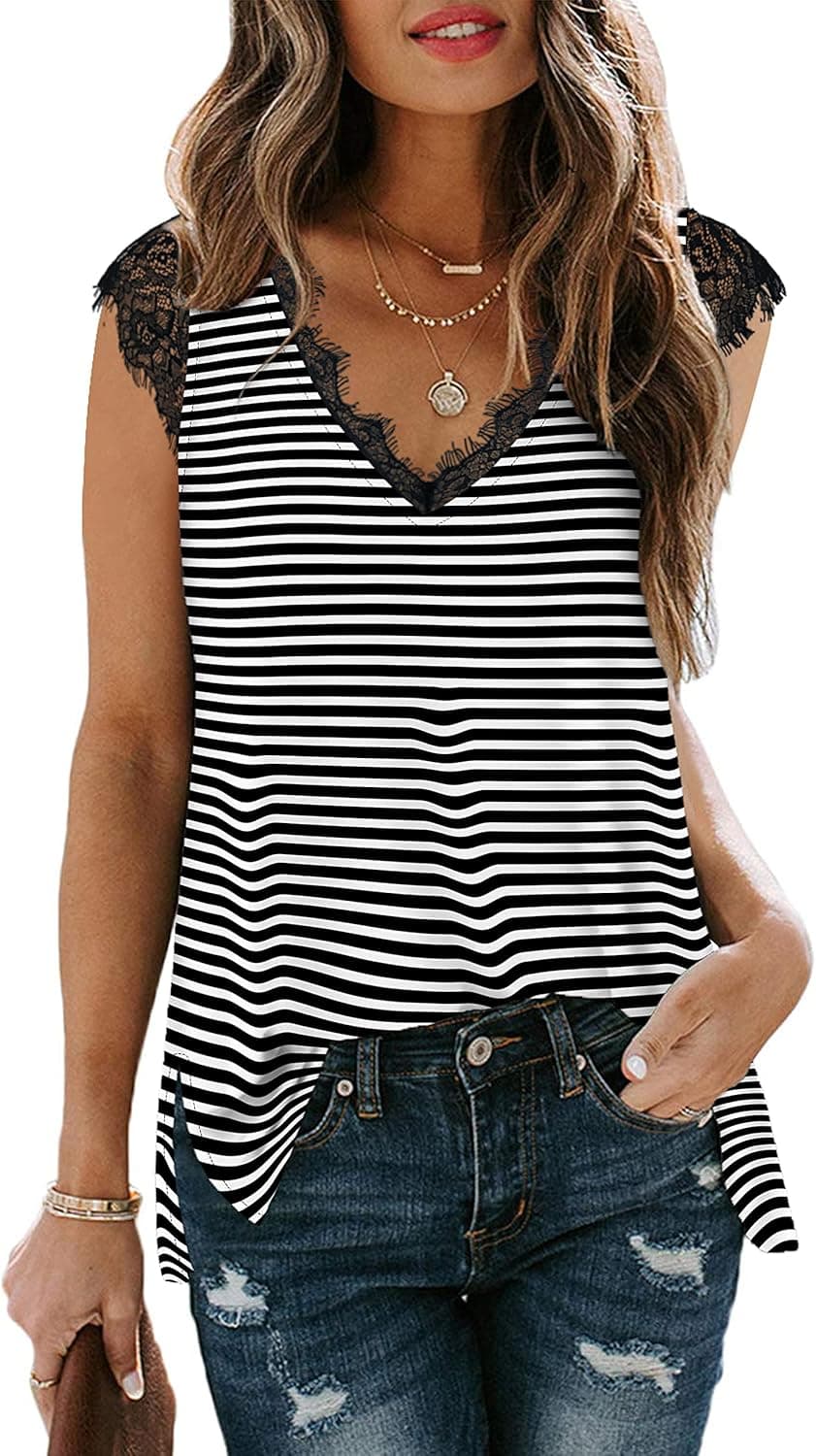 XIEERDUO Women's Summer Tank Top Lace Sleeveless V Neck T Shirts with Side Split