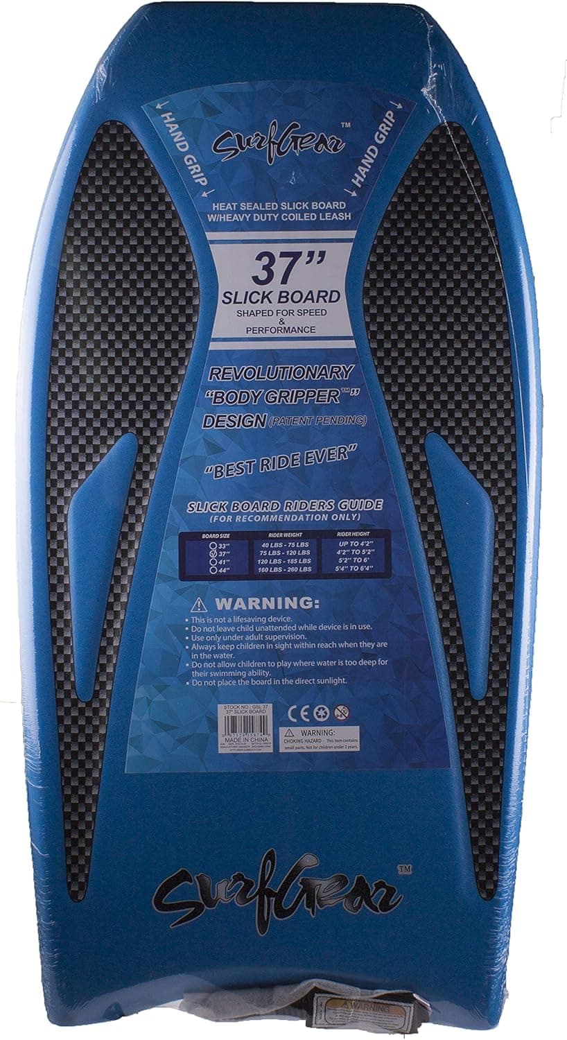 Heat Sealed Slick Bottom Body Surfing Body Board with Deluxe Coil Leash and Hand Grips