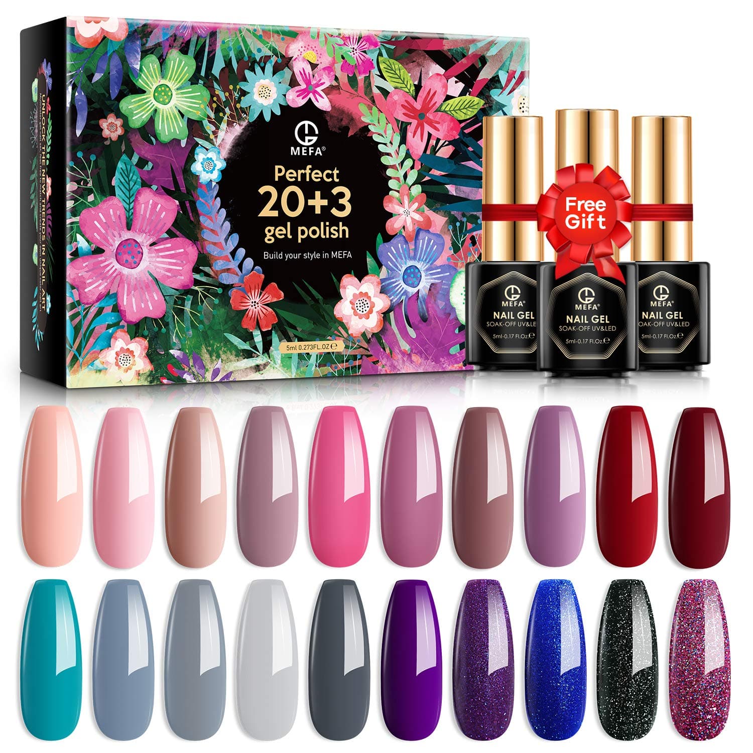 MEFA 23 Pcs Gel Nail Polish Set with Nice Box - Popular Nude Pink Purple Sparkle Galaxy ColorsSoak Off Nail Polish with Base Coat No Wipe Glossy & Matte Top Coat for Nail Art Salon Design Manicure Starter Set Christmas Gift for Women