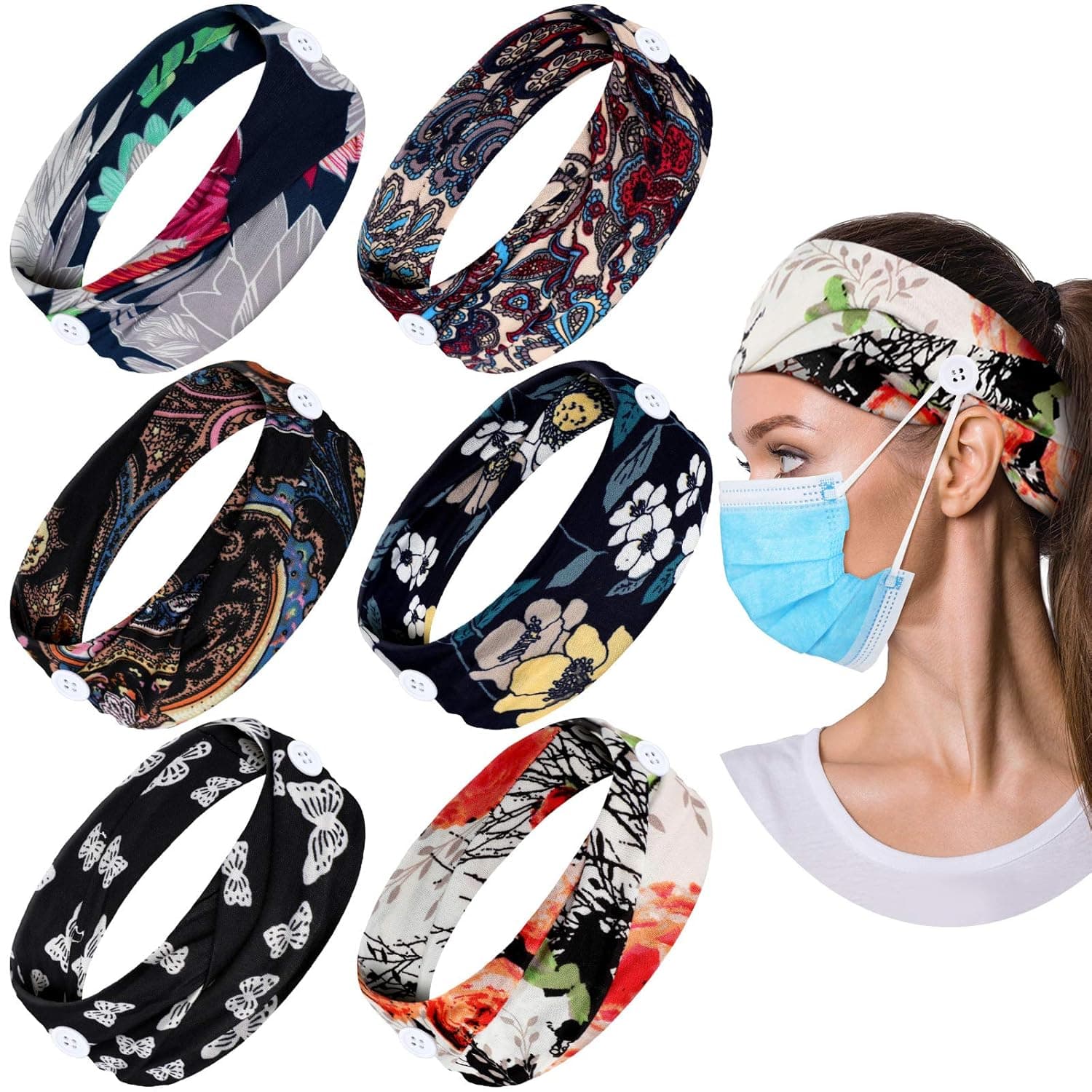 Honoson 6 Pieces Tie Dye Bohemian Button Headbands Elastic Yoga Sports Hairbands Ear Protection Holder Hair Band Headwraps for Women Girls (Charming Floral Style)