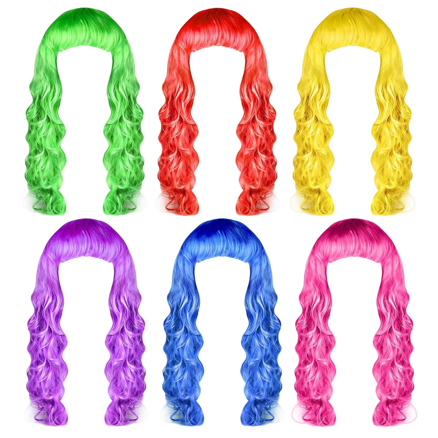 PLULON 6 Pieces Colorful Long Curly Wigs, Long Colorful Hair Wig Wavy Hair Wigs Curly Cosplay Costume Wig for Women Party Décor