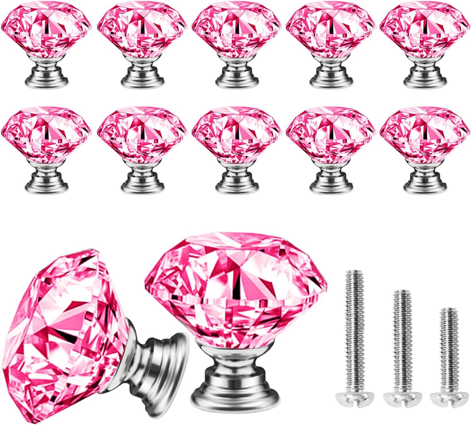 KDO Cabinet Knobs, Crystal Glass Drawer Knobs 10 Pack Diamond Dresser Knobs 1.18inch（30mm Dresser Cupboard Wardrobe Pulls Handles Pink 1