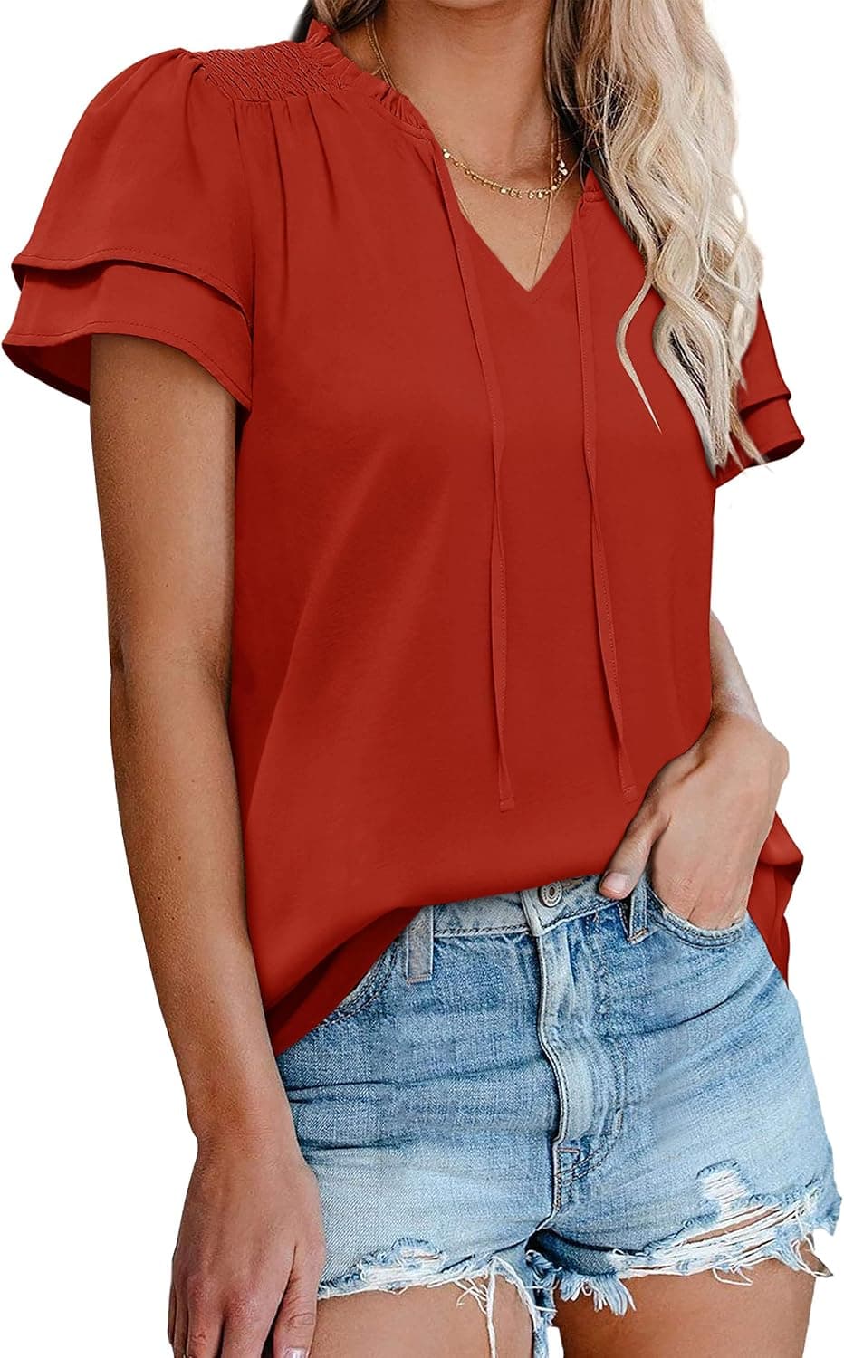 XIEERDUO Womens Dressy Blouse for Work Fashion Ruffle Sleeve V Neck Summer Tops Casual