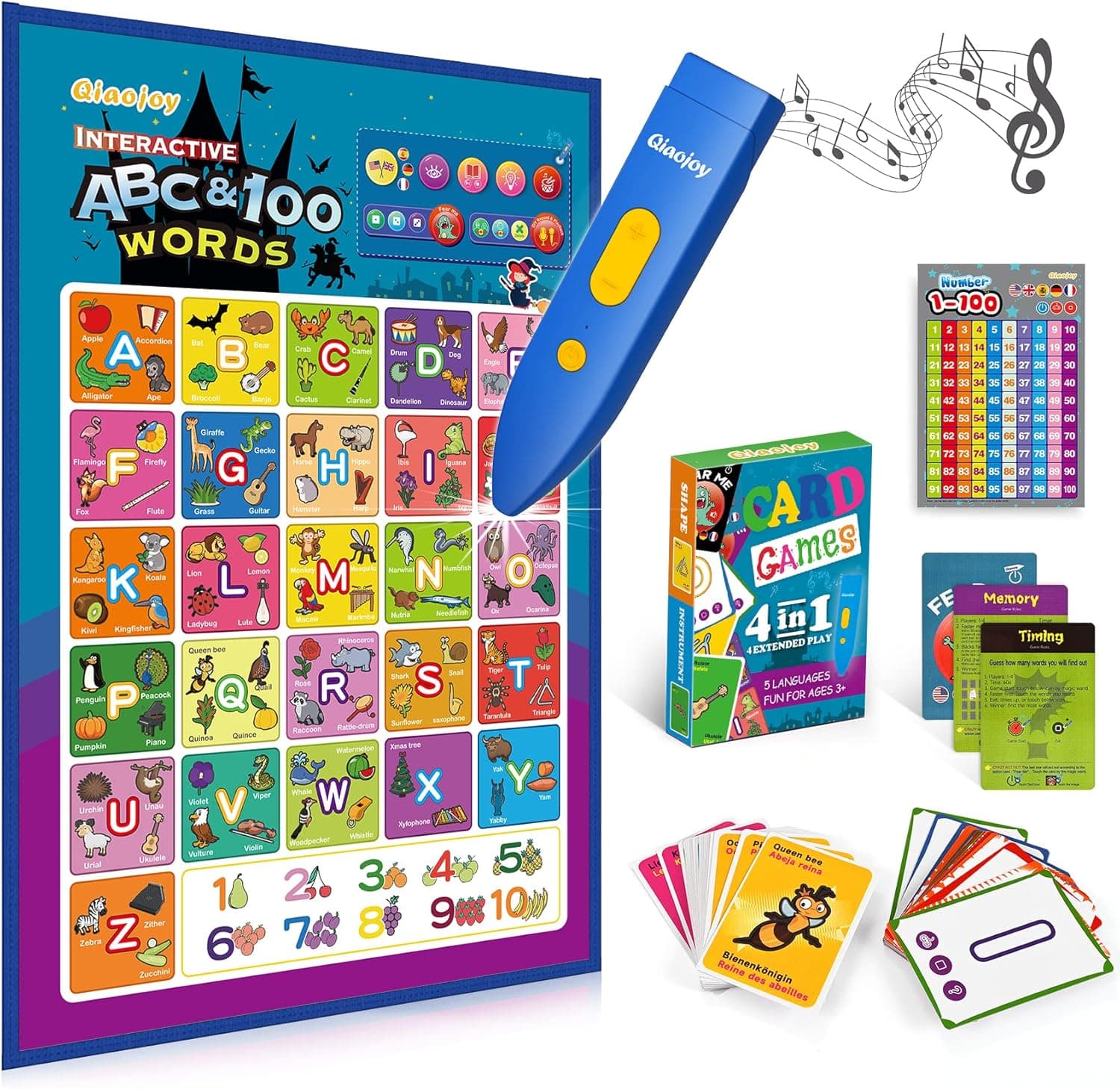 Qiaojoy 5 Languages Interactive Alphabet Wall Chart + Alphabet Flash Cards for Toddler 2-4 Years Old ABC Learning for Toddlers Learning Toys Ages 2-4 Educational Toy Gift for 2 3 4 Year Old Boy/Girls…