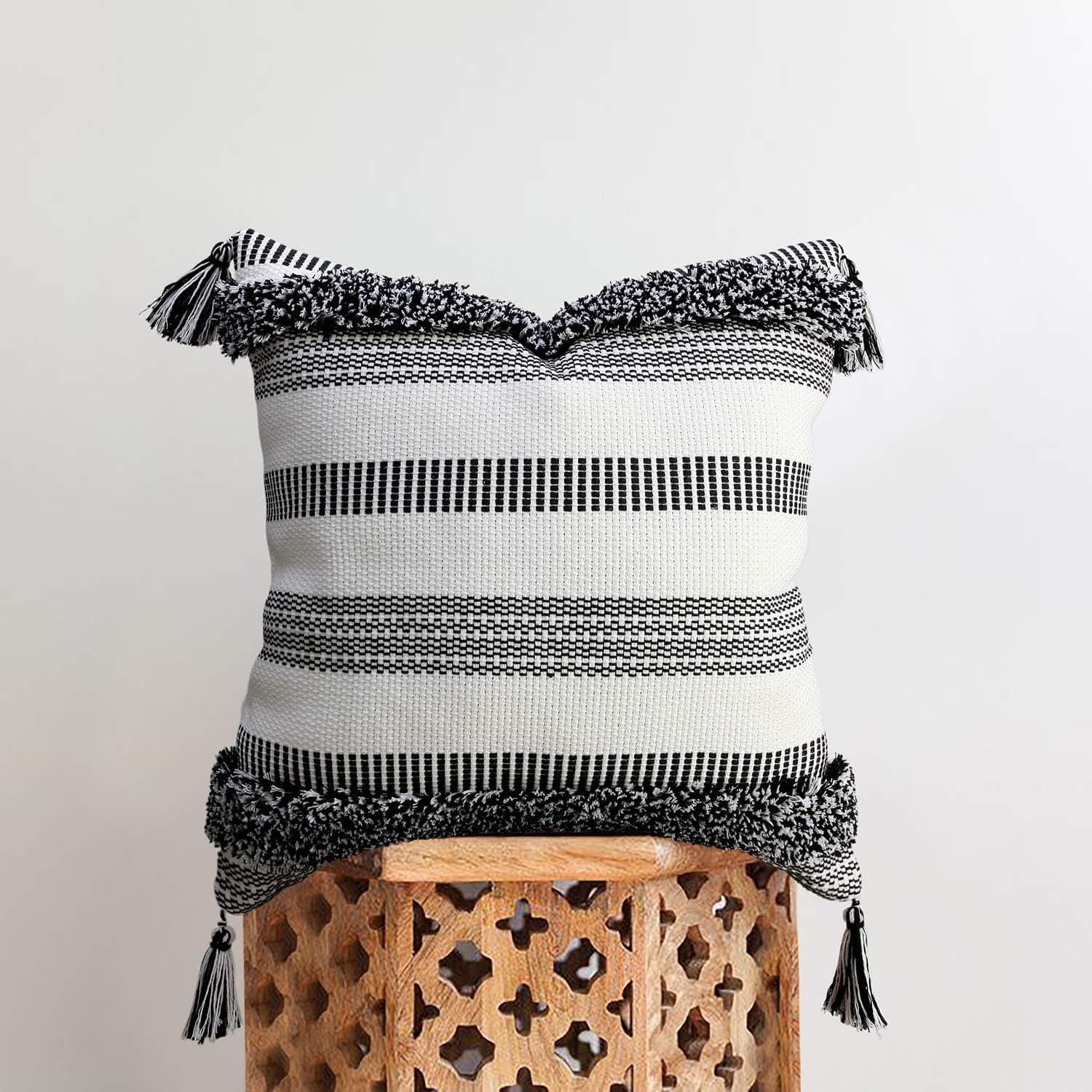 Merrycolor Boho Pillow Covers 18x18 Inch,Cotton Woven Diamond Square Throw Pillow Covers,Decorative Tribal Boho Pillows for Couch Sofa Bedroom (Black, 18"X18")