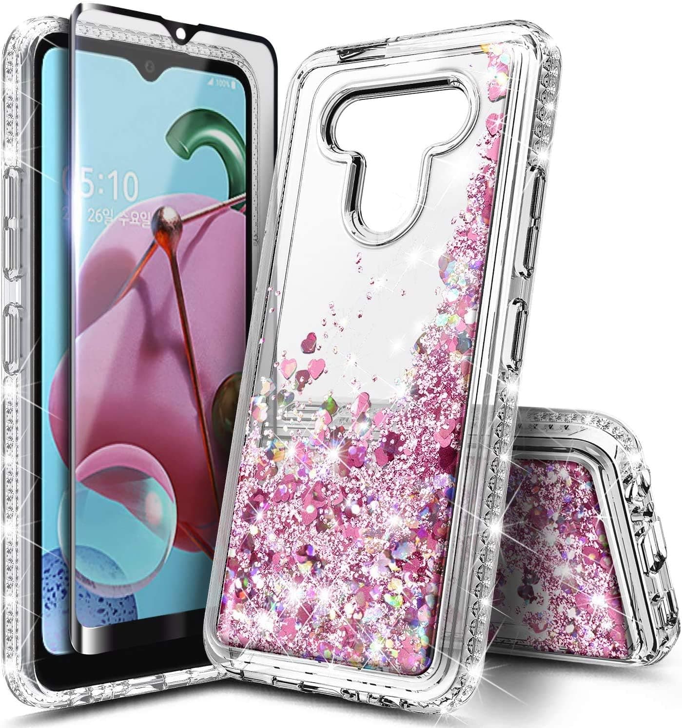 E-Began Case for LG Stylo 6 with Tempered Glass Screen Protector (Full Coverage), Sparkle Glitter Flowing Waterfall Liquid Floating w/Bling Diamond, Durable Girls Cute Phone Case -Rose Gold