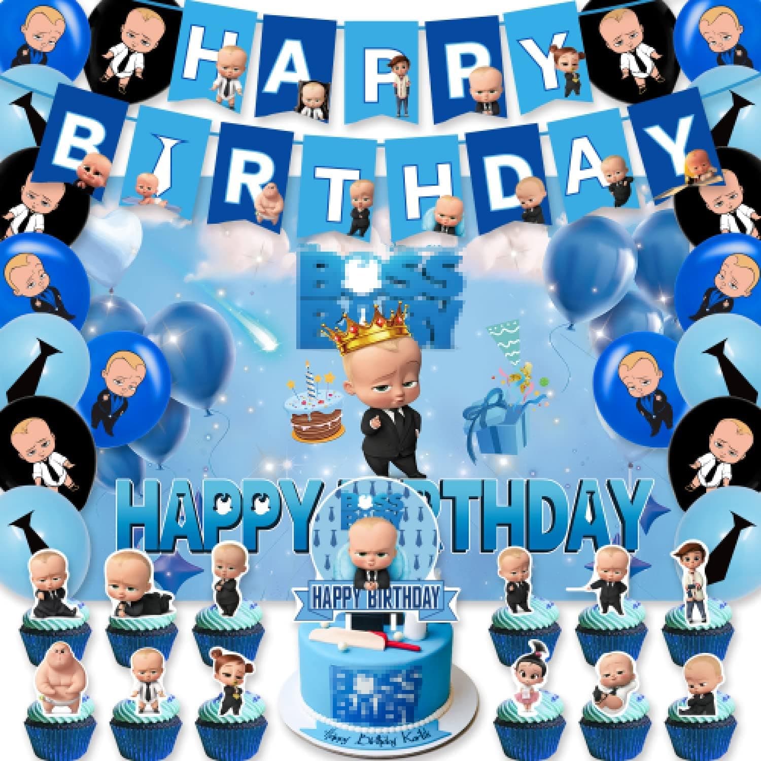 33 Pcs Birthday Decorations, Theme Party Supplies Include 1 Banner, 1 Cake Topper, 12 Cupcake Toppers, 18 Balloons, 1 Backdrop, Party Decorations for Kids Adult