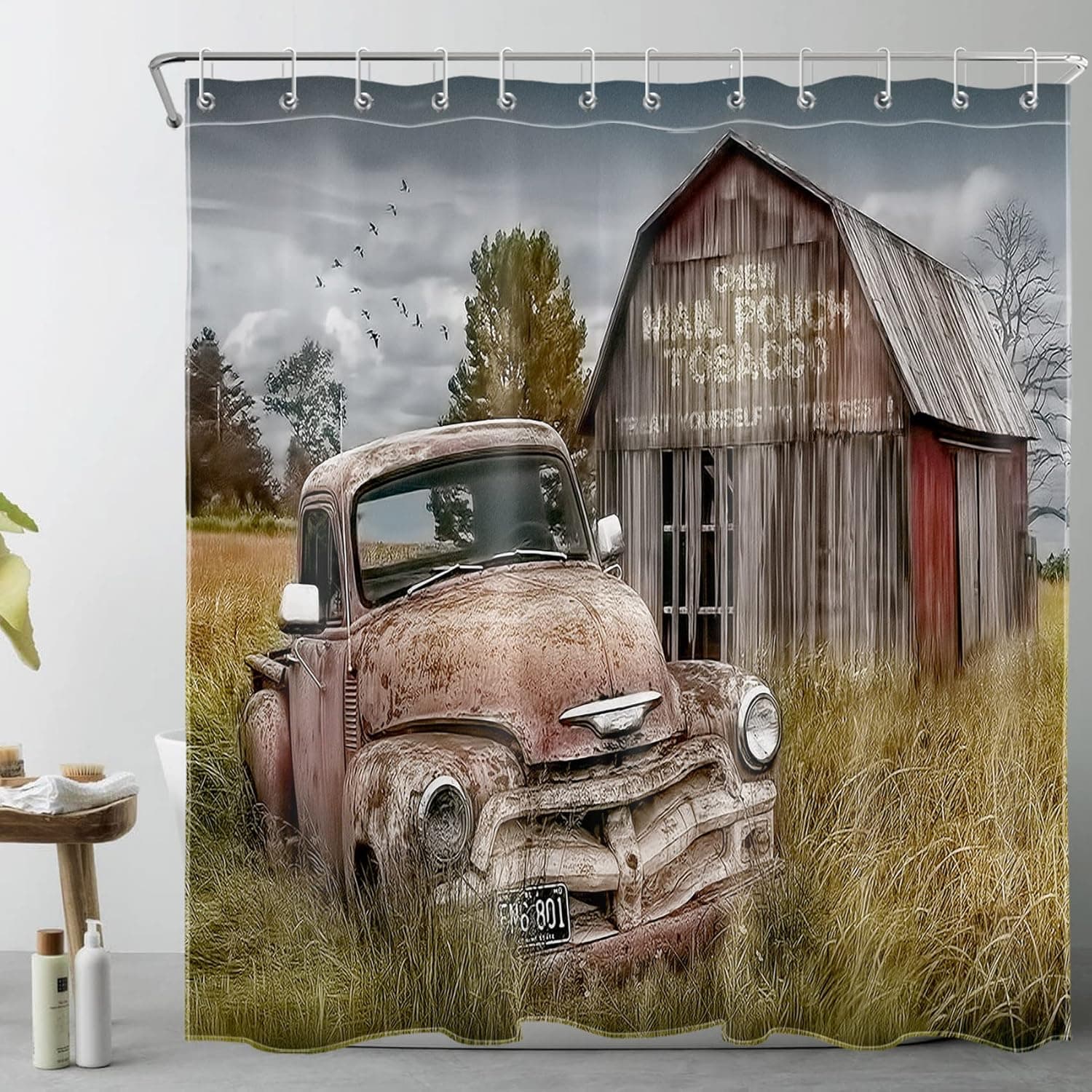 ECOTOB Farmhouse Vintage Old Truck Shower Curtain for Bathroom, Rustic Wooden Barn Vintage American Classic Antique Car Farm Truck Fabric Bathroom Decor Set with Shower Curtain Hooks, 72x72 Inch