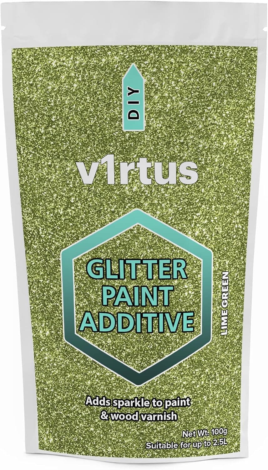 V1RTUS Lime Green Glitter Paint Crystal Additive 100g / 3.5oz for Acrylic, Latex, Emulsion - use Interior/Exterior - Wall, Ceiling, Wood, Metal, Varnish, Dead Flat, Matte, Soft Sheen or Silk
