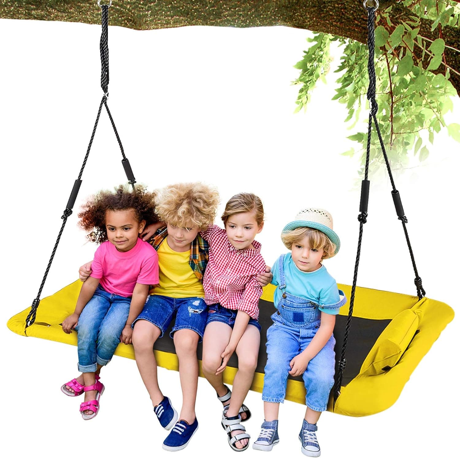 LITTLELOGIQ Tree Swing for Kids, 59 Inch Outdoor Swing Sets for Backyard, Flying Swing with 2 Hanging Straps, 700lb Capacity, Adjustable Ropes, Easy Setup, for Adults & Kids - Yellow