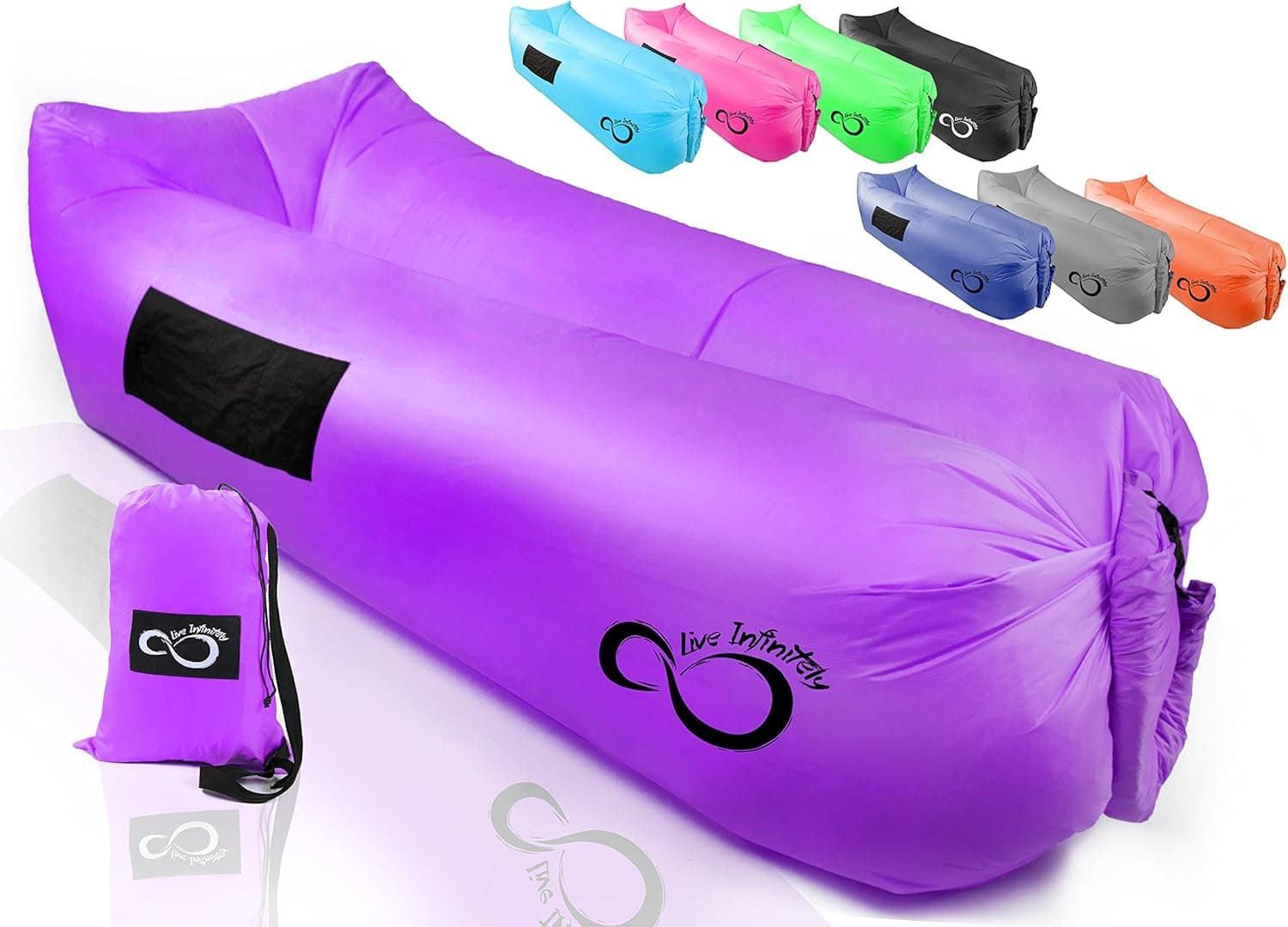 Live Infinitely Inflatable Air Lounger Chair Features Headrest, 2 Pockets, 700 Gauge Inner Liner, 420D Ripstop Exterior & Travel Bag Use On Beach Or In The Pool 9’ Long & Holds 500 (Vibrant Purple)