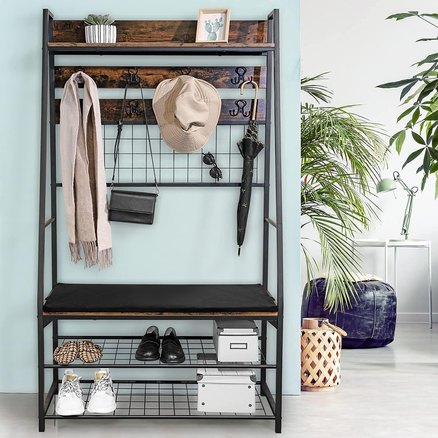 E&D FURNITURE Entryway Hall Trees, Entryway Bench with Coat Rack with Shoe Rack Entryway Home Furniture 5-in-1 Clothes Rack Mudroom Bench with Storage and Hooks