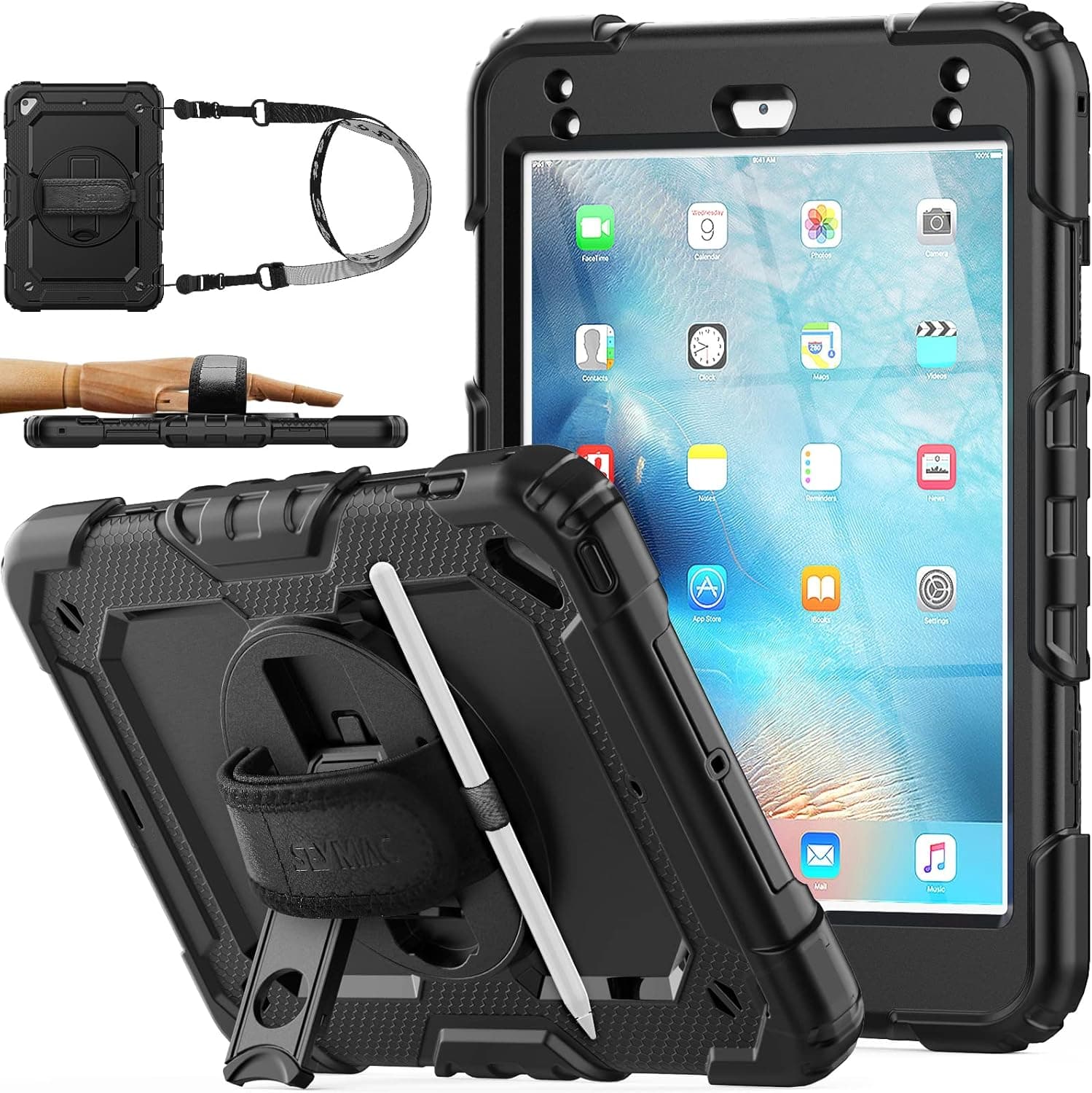 SEYMAC stock iPad Mini 5/4 Case with Screen Protector Pencil Holder [360 Rotating Hand Strap] &Stand, Drop-Proof Case for iPad Mini 5th/4th Generation 7.9 inch (Black)