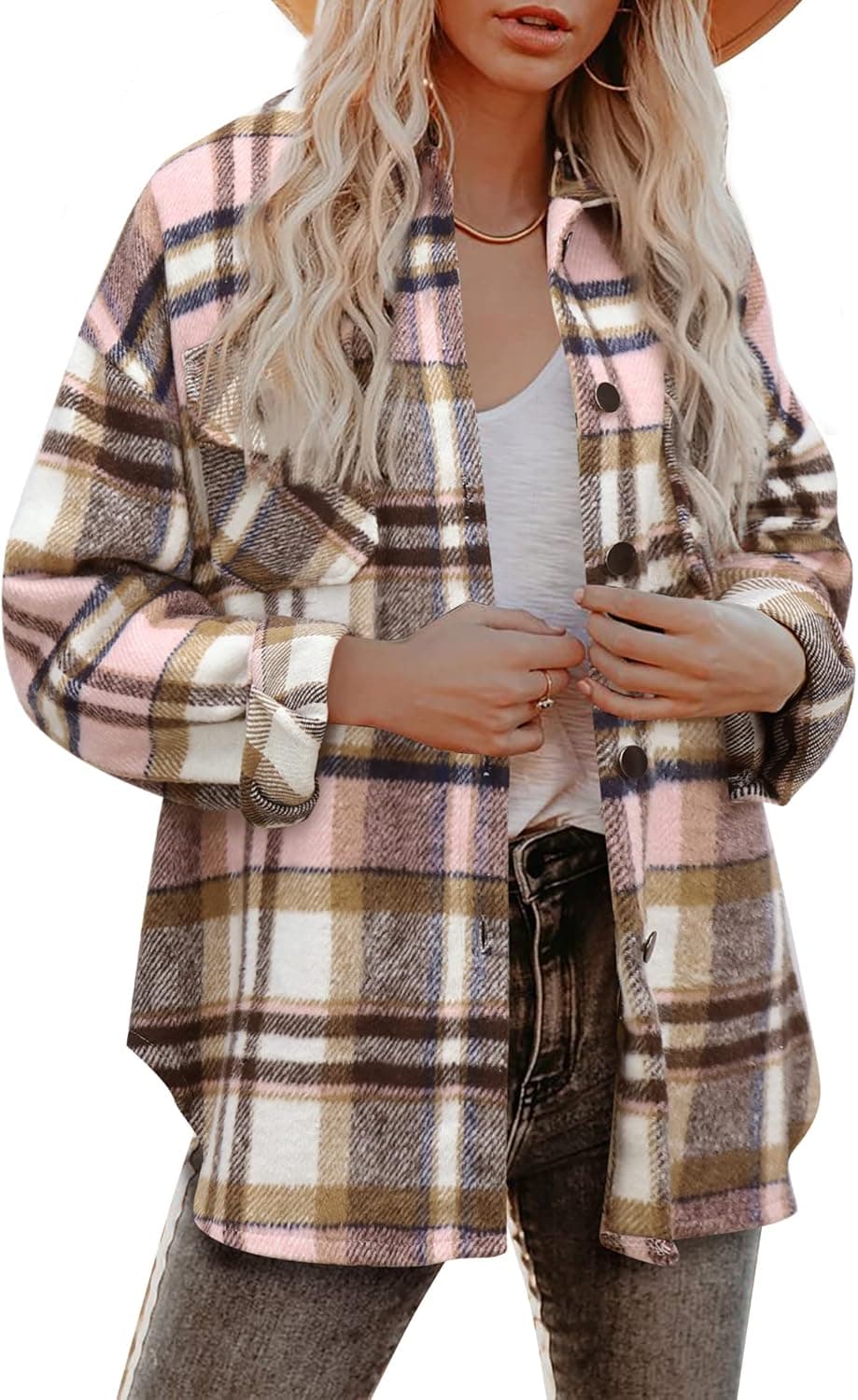 Beaully Women's Flannel Plaid Shacket Long Sleeve Button Down Chest Pocketed Shirts Jacket Coats