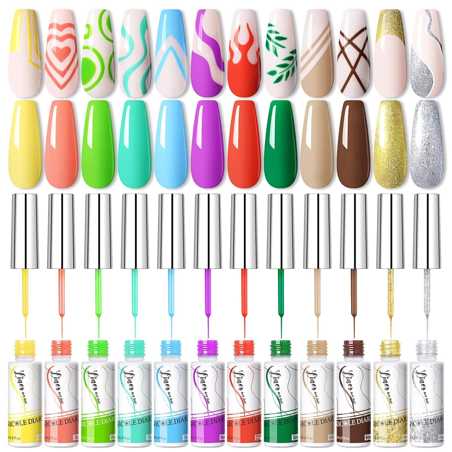 NICOLE DIARY Gel Polish Nail Art Gel Liner Set - 12 Spring Summer Neon Colors Pastel Gel Art Paint for Swirl Nails, Built-in Thin Nail Art Brush