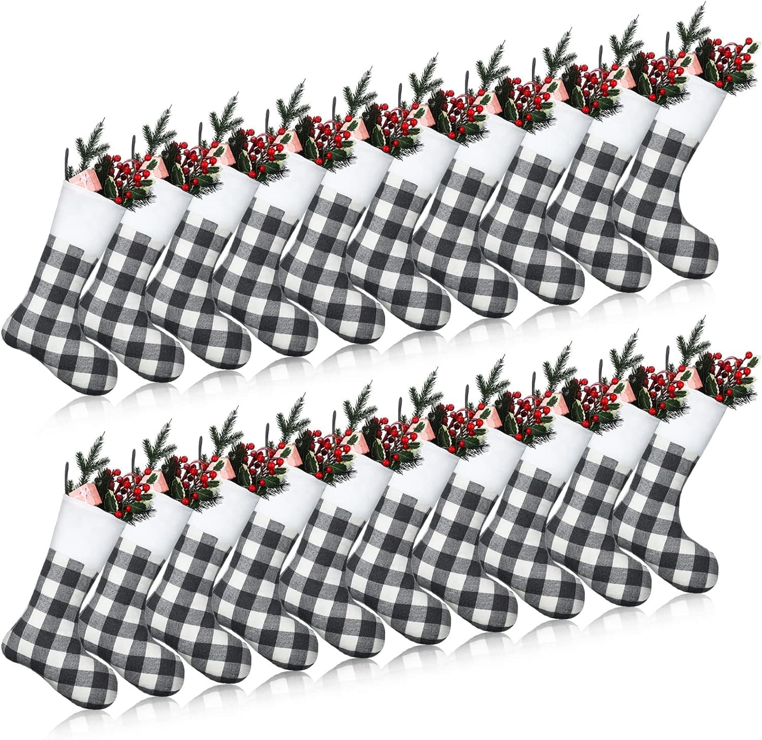 Laumoi 20 Pieces Christmas Stockings Buffalo Plaid Christmas Stockings 15 Inch Hanging Christmas Decor Buffalo Plaid Stockings Christmas (Gray White)