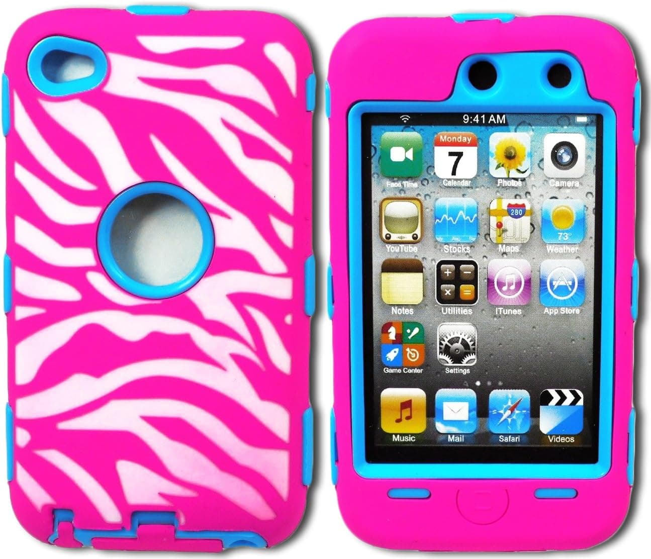 myLife Hot Pink + Sky Blue Zebra Stripes Hybrid Survivor (Built In Screen Protector) Case for iPod 4 (4G) 4th Generation iTouch (Durable Body Armor Defender Glove + Soft Flexible Shockproof External Gel + Hard Internal 2 Piece Snap Guard)