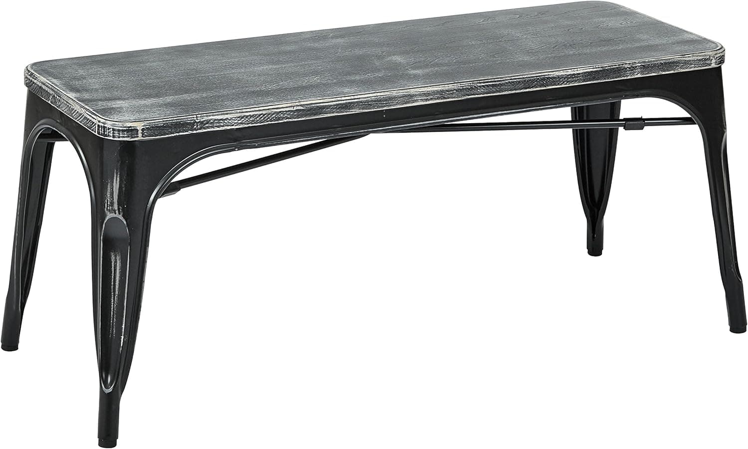 OSP Home Furnishings Bristow Antique Metal Bench with Vintage Wood Seat, Antique Black, Ash Crazy Horse