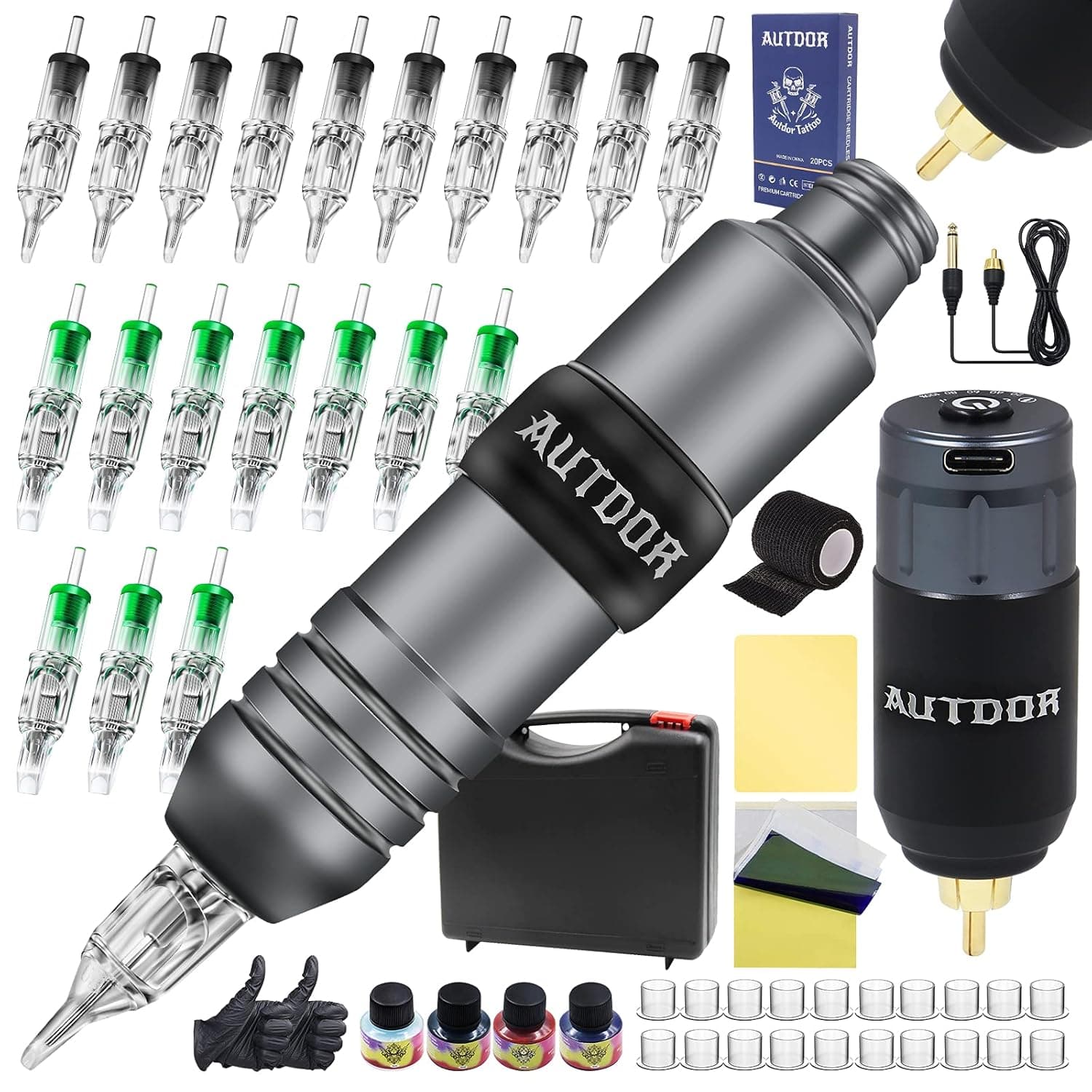 Autdor Tattoo Kit - Complete Cartridge Tattoo Machine Kit Professional Tattoo Pen Kit Including Tattoo Machine Pen Power Supply Tattoo Cartridges Needles Tattoo Ink Tattoo Accessories for Tattoo