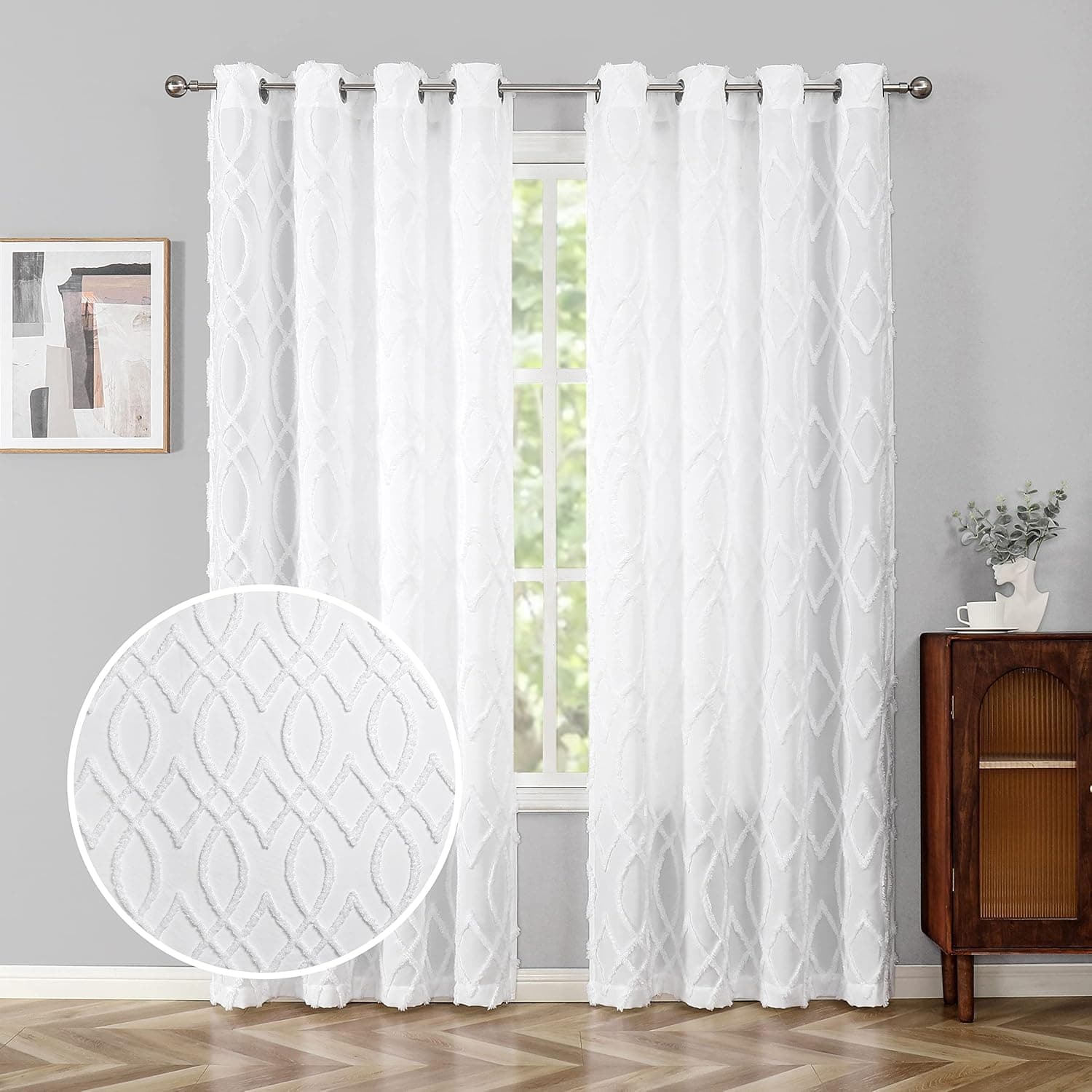 Jackroy White Faux Linen Bohemian Diamond Moroccan Pattern Jacquard Canvas Curtain 54 Inches for Winter Bedroom Patio Light Filtering Voile Window Drapes, Grommet Top Set of 2
