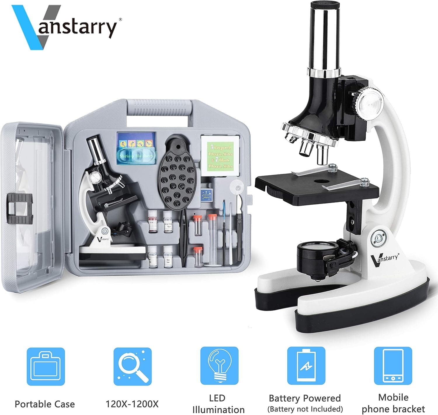 VANSTARRY 120X-1200X Kids Beginner Microscope STEM Kit with Metal Body Microscope, Plastic Slides, LED Light Mobile Phone Holder and Carrying Box