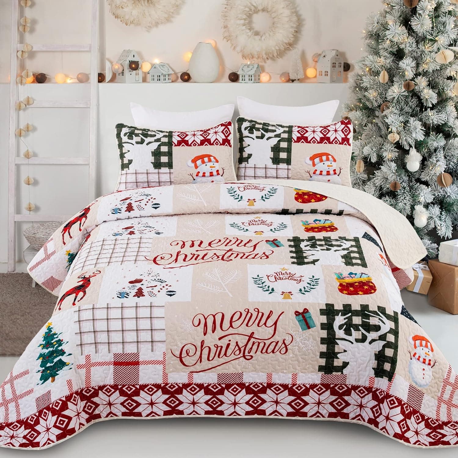 Christmas Quilt Set King Size Christmas Tree and Christmas Deer Snowman Printed Bedding Lightweight Coverlet Christmas Decorations Soft Microfiber Quilt Set 104x90 inches