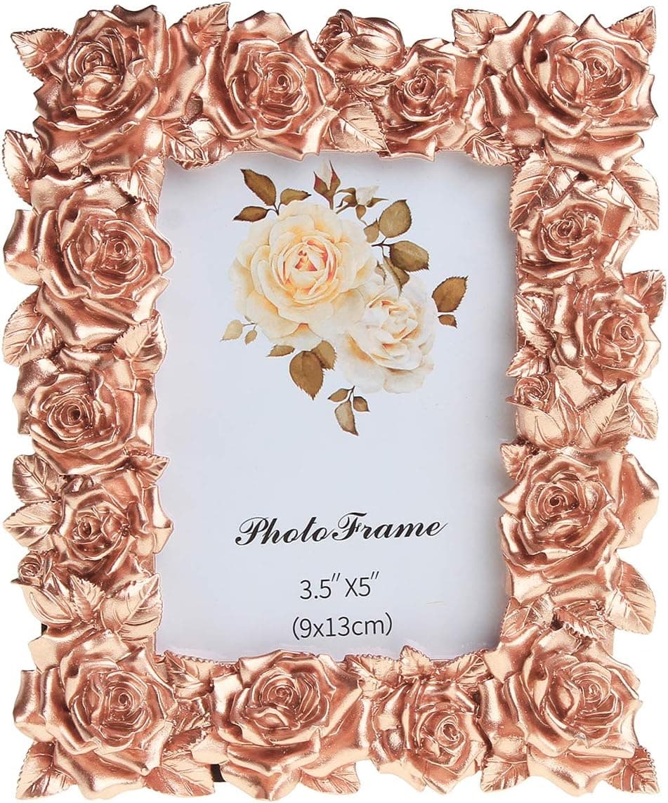 Memorecoder Resin Picture Frame Rose Flower Decorative with High Definition PVC Plexi Glass Sheet for Table Top Desk Photo Display Rose Gold Color Memento (3.5x5, Rose Gold)