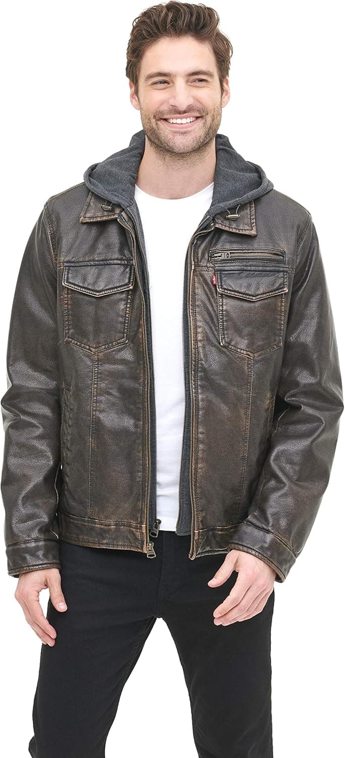 Levi's Men's Faux Leather Trucker Hoody with Sherpa Lining (Regular and Big and Tall Sizes)