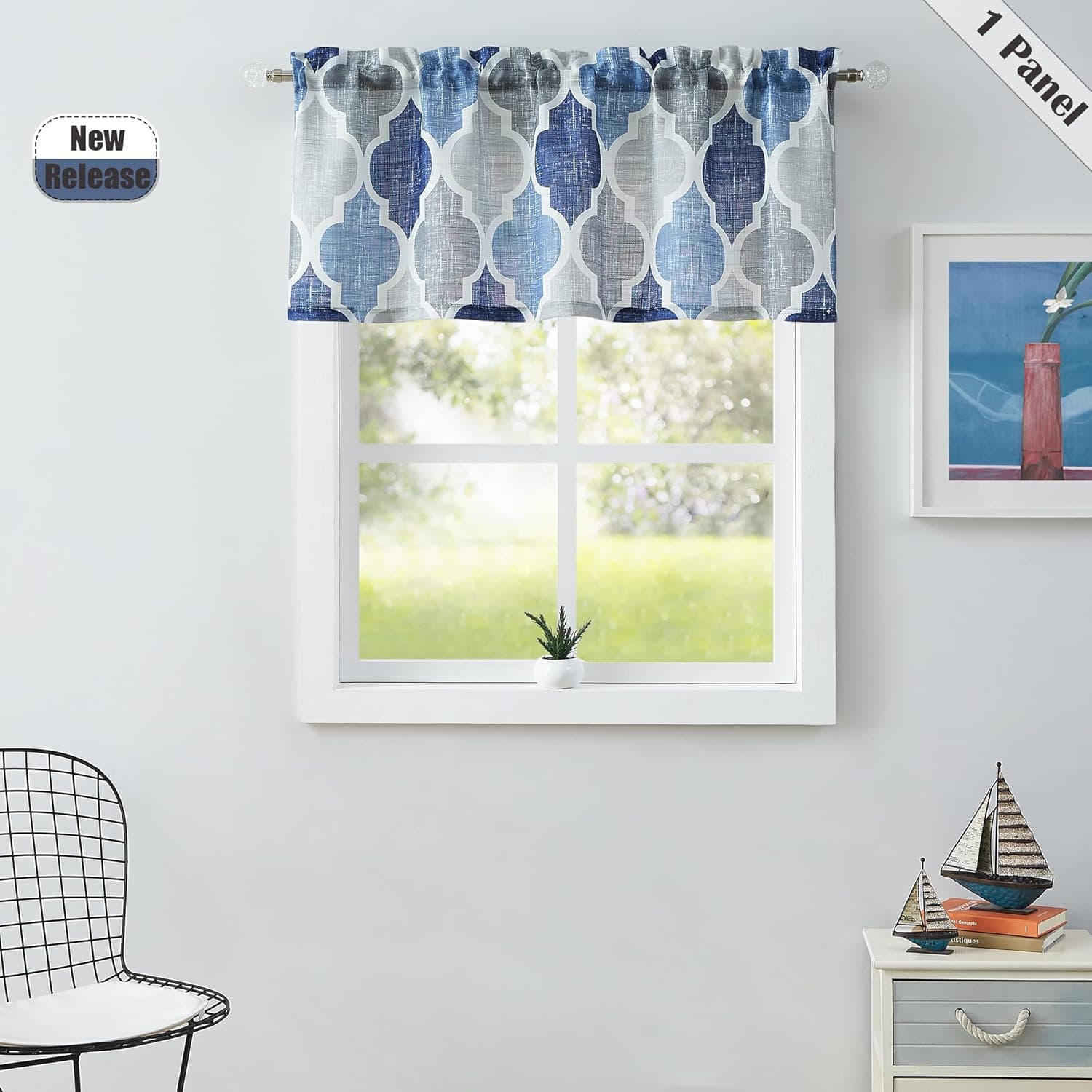 Beauoop Semi Sheer Valance Curtains Moroccan Tile Print Valance Quatrefoil Linen Texture Rod Pocket Small Curtains for Kitchen Cafe Bathroom Window Treatment Set, 50 x 18 Inch, Blue/Gray, 1 Panel