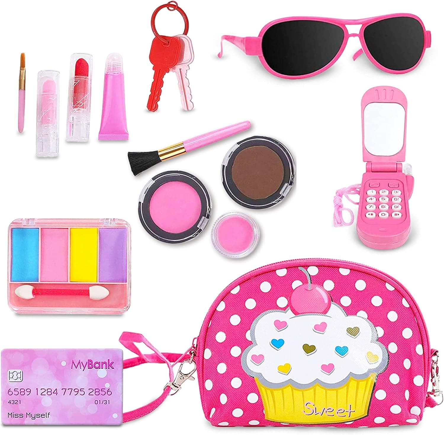 Beverly Hills Doll Collection All-in-One Pretend Play Purse and Makeup Beauty Set with Polka Dotted Shoulder Bag and 13 Accessories