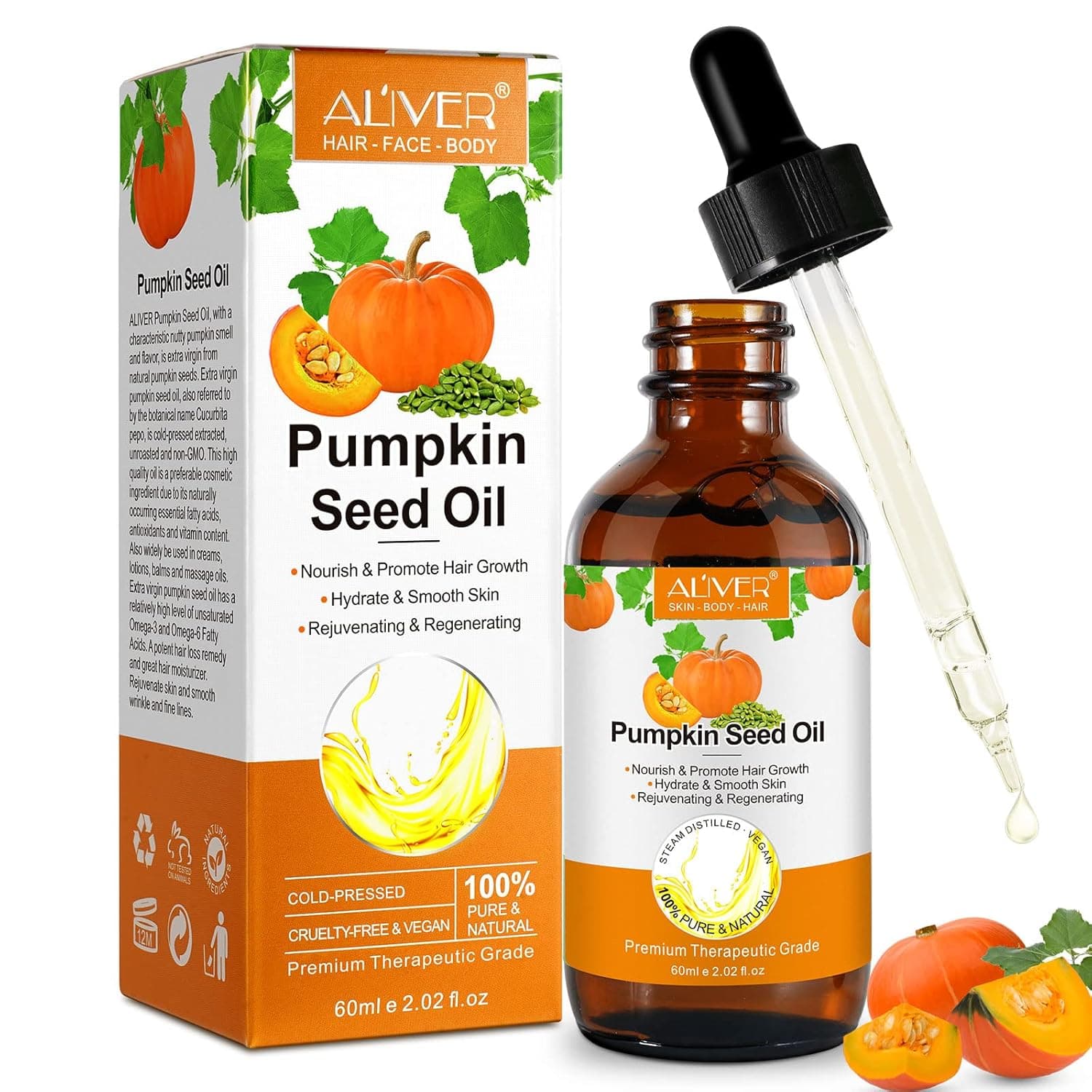 AIQIUSHA Pumpkin Seed Oil for Hair Growth-Organic 100% Pure RAW Cold Pressed Pumpkin Seed Oil For Anti Aging Wrinkle,Massage Oil,Hair and Scalp Care,Vitamin E Oil For Skin, 2.02 floz