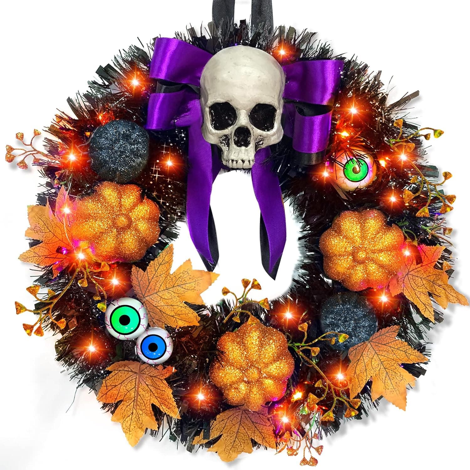 TURNMEON 16 Inch 20 LED Halloween Skull Wreath Decoration, Orange Lights 5 Glitter Pumpkins 3 Eyeballs 3 Berry Stems 6 Maple Leaves Battery Operated for Front Door Halloween Decor Home Indoor Outdoor