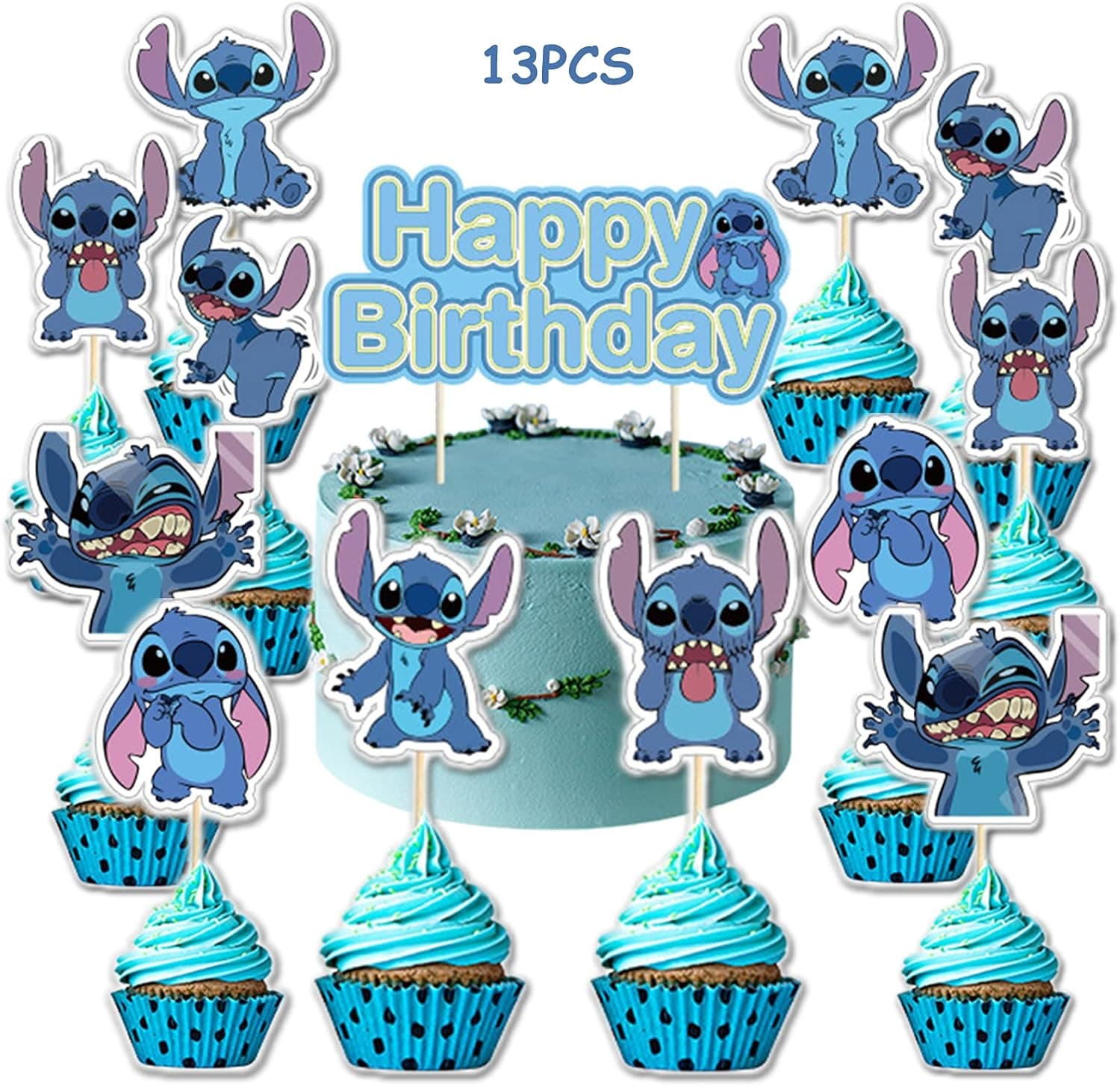 Cute Cartoon Happy Birthday Cake Topper(13pcs) Stitc h Happy Birthday Party Supplies Birthday Party Decoration Cupcake Decorations For Boys and Girls