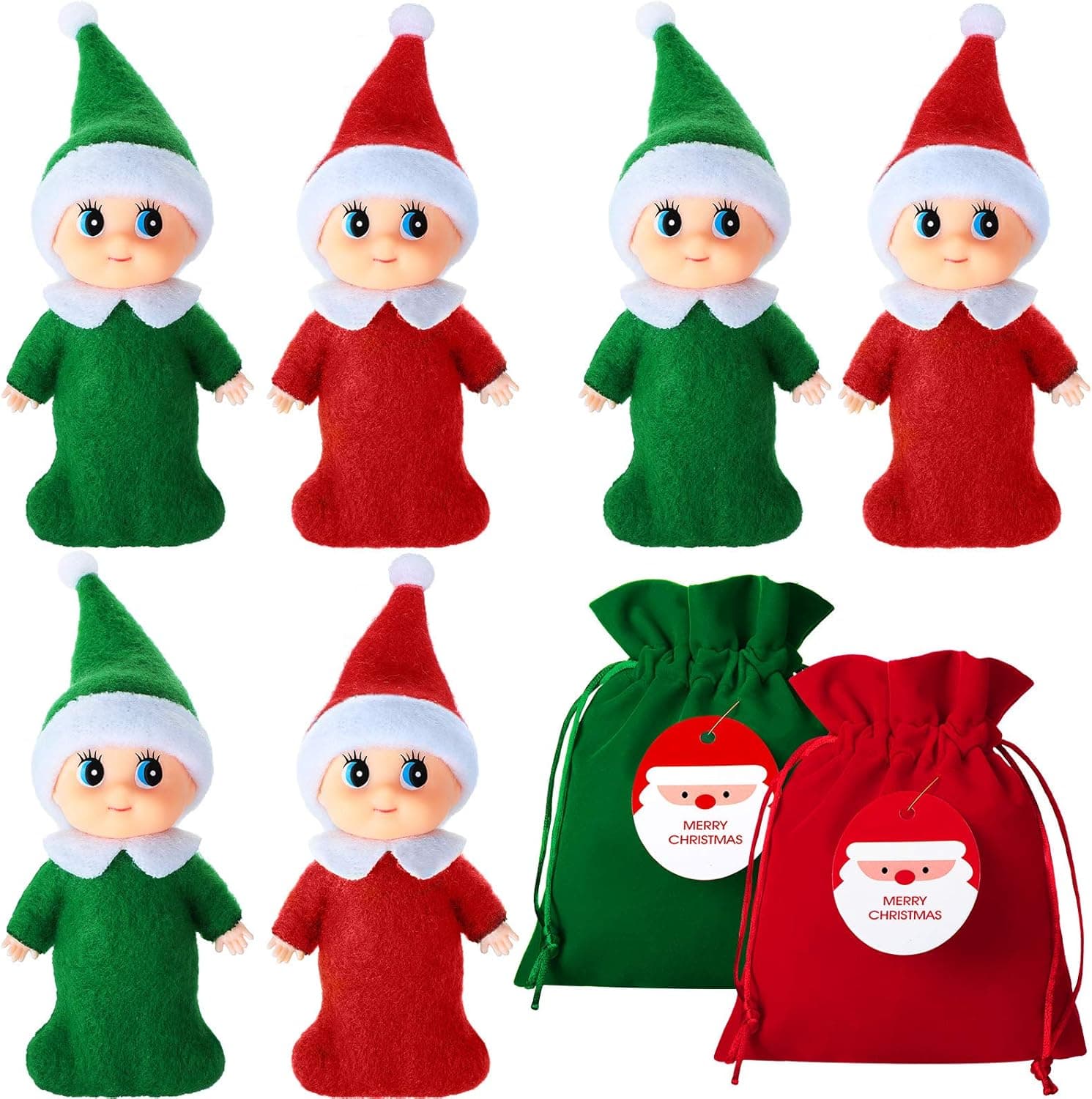 Skylety 6 Pieces Little Christmas Elves Colorful Elf Doll Elf Twins Baby with Velvet Bag Elf Accessories for Xmas New Year Advent Calendar Christmas Stocking Stuffer (Red, Green)