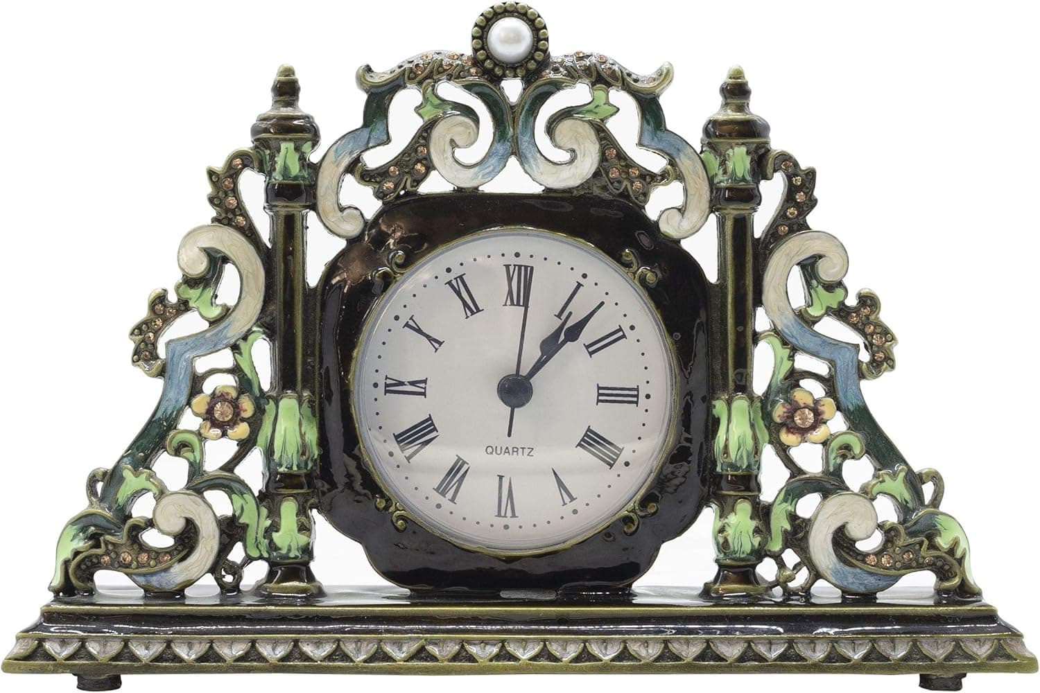Tricune Pewter Quartz Mini Table Clock with Analog Retro Flower Pattern, 6.8x4.7x1.4 inches