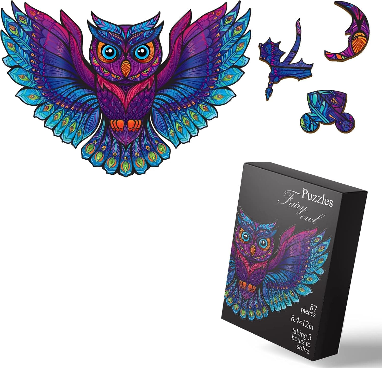 SIMAPLANET Original Wooden Jigsaw Puzzles, Best Gift for Adults and Kids, Unique Shape Jigsaw Pieces, Fairy Owl, Medium 8.4"x12", 87 pcs