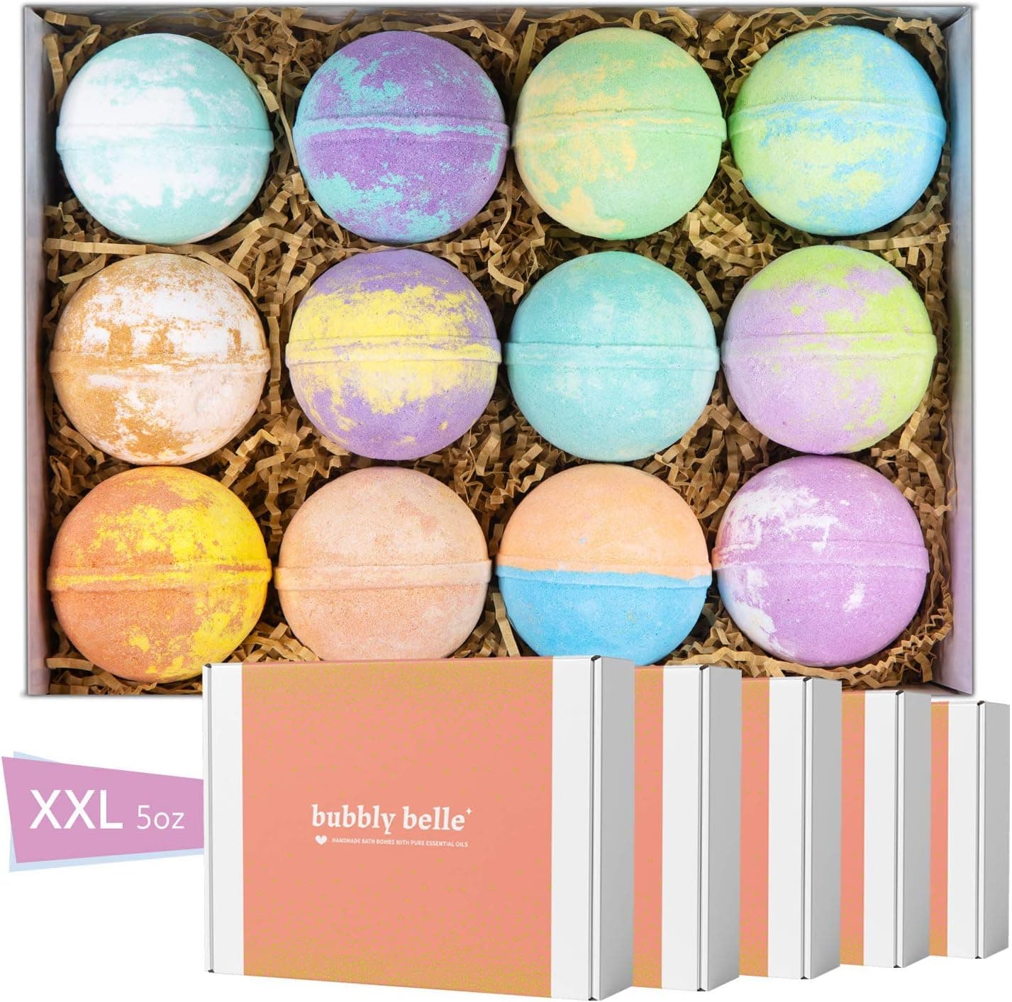 Bubbly Belle Bath Bombs Gift Set 12 Extra Large 5oz Fizzies with Pure Essential Oils, Coconut Oil, Epsom Salt, and Kaolin Clay, Kid Safe, Best Birthday Gift for Women, Mother, Christmas