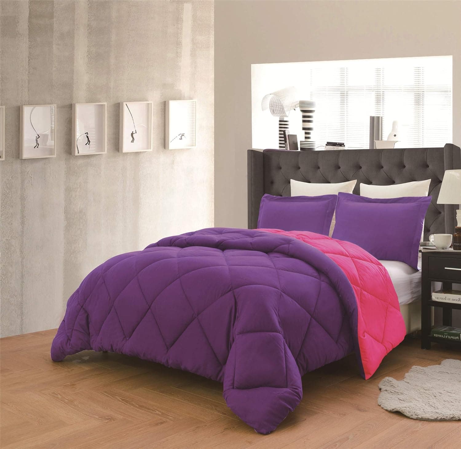 Empire Home 3 Piece Solid Alternative Dayton Comforter Set 16 Color Combinations (Purple/Hot Pink, King)