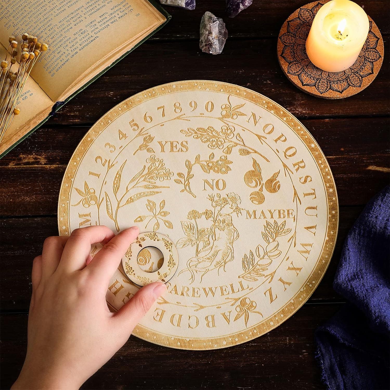 Wooden Spirit Board Pendulum Board Herbal Round Spirit Board Floral Talking Board Game Plants Flowers Witchcraft Decor Wood Divination Tools for Altar, Spirit Hunt, Occult Practice