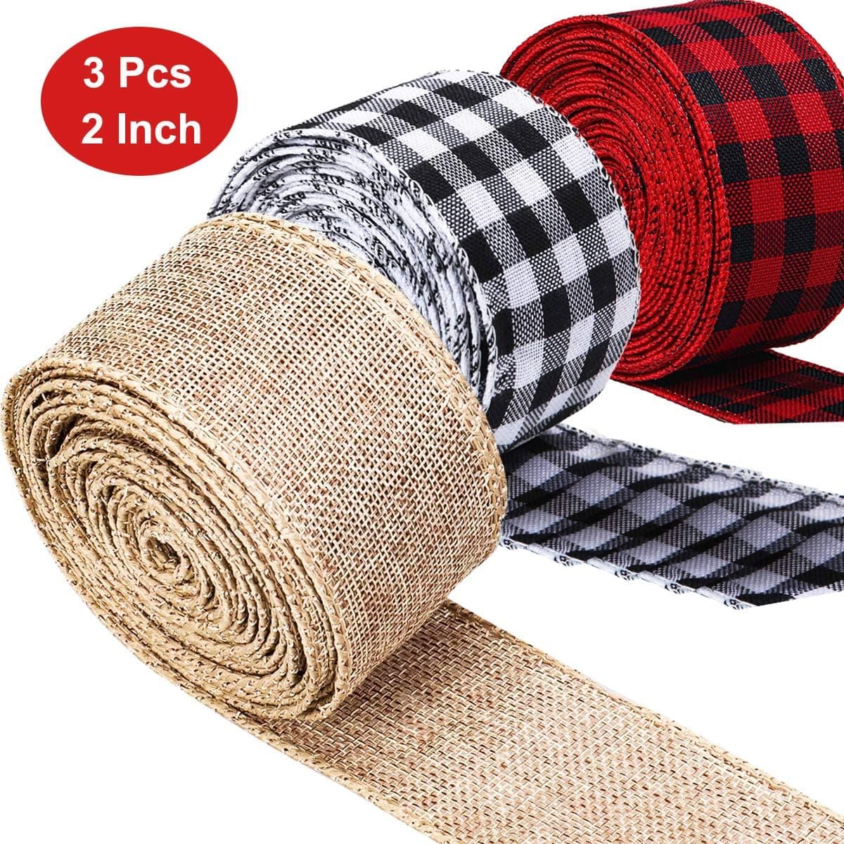 Amgate 3 Pieces Burlap Craft Ribbon Set Wired Edge Ribbons for Pastry Donuts Dough Muffin Christmas Tools Party Favors 1.5 Inches Width