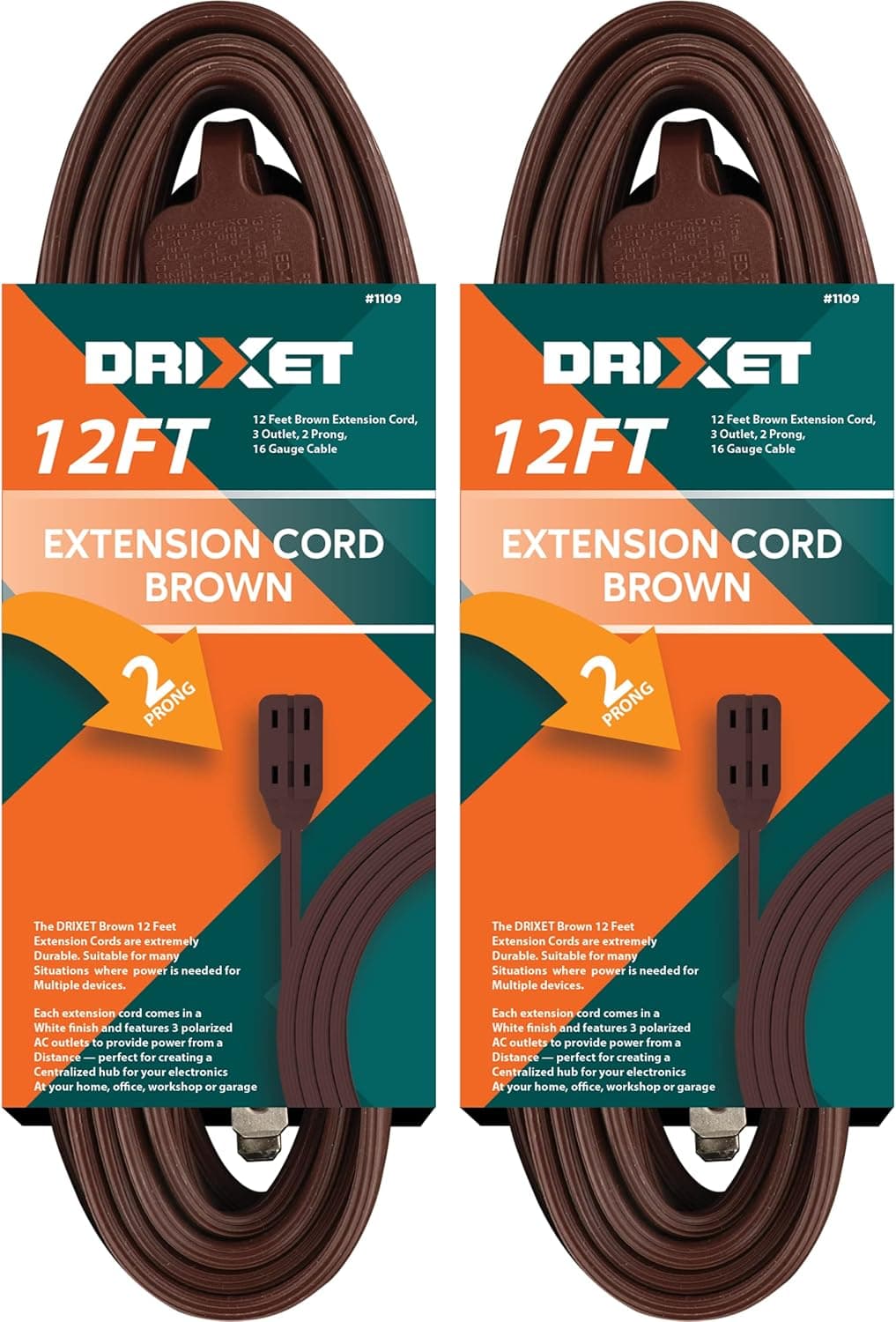 12 Feet Brown Extension Cord, 3 Outlet, 2 Prong, 16 Gauge Cable, 3 Receptacle Cube Tap, Indoor use, (2 Pack) - by Revpex