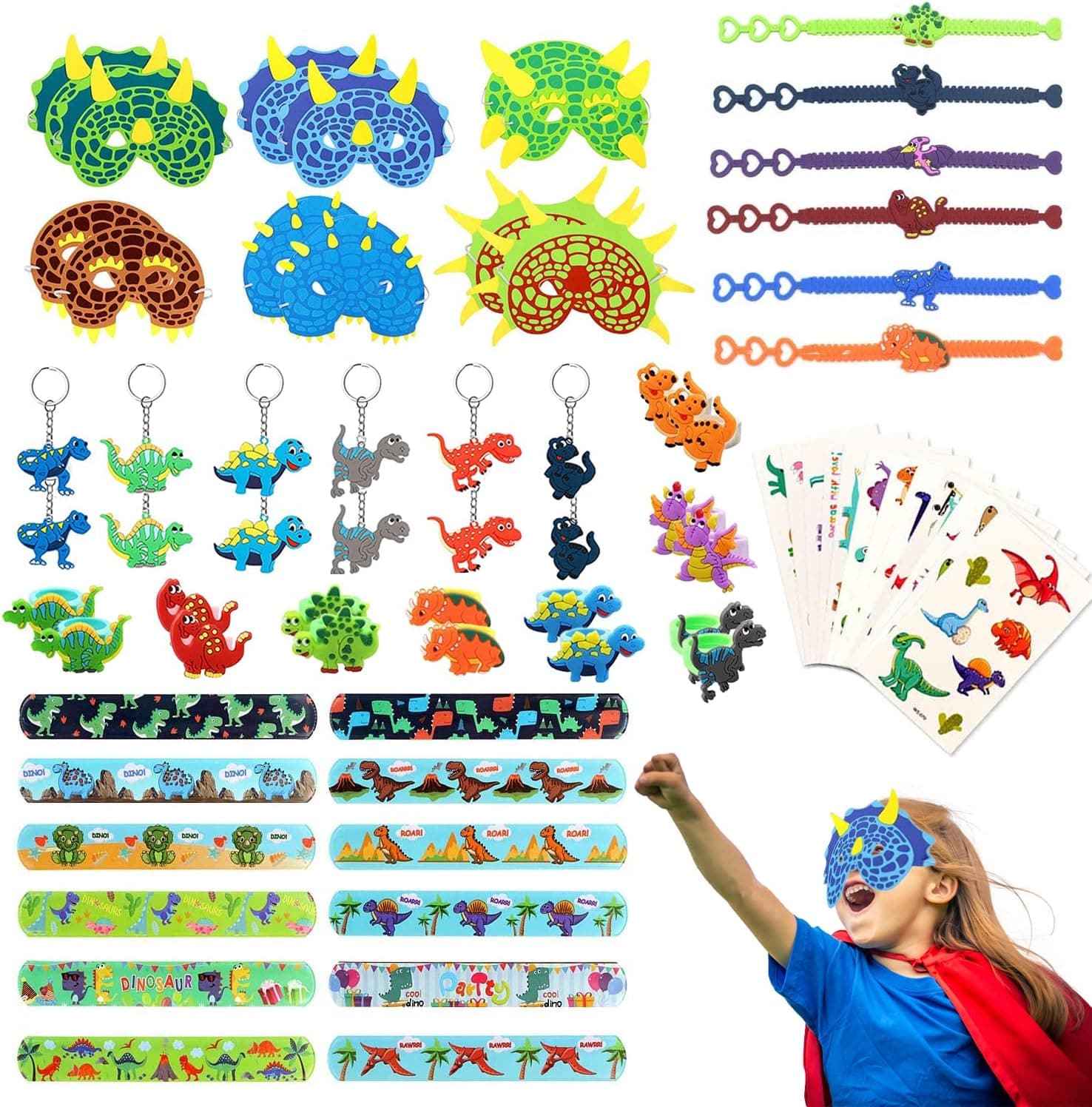 Dinosaur Party Favor for Boys Kids, UOROMI 70pcs Dinosaur Party Supplies with Key Chains, Rings, Masks, Slap Bracelets, Temporary Tattoos, Perfect for Kids Birthday Party, Classroom Exchanged Gifts, Christmas Gifts