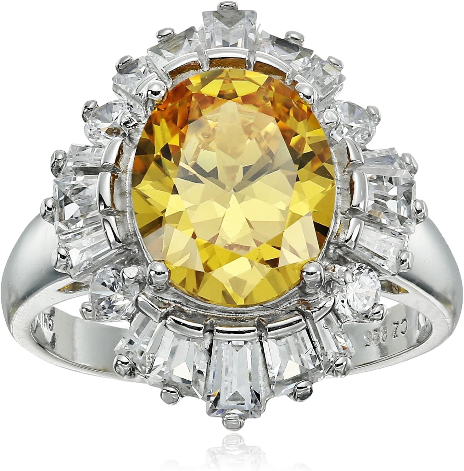 Rhodium Plated Sterling Silver Oval Yellow Cubic Zirconia 11x9mm and White Cubic Zirconia Halo Ring, Size 7