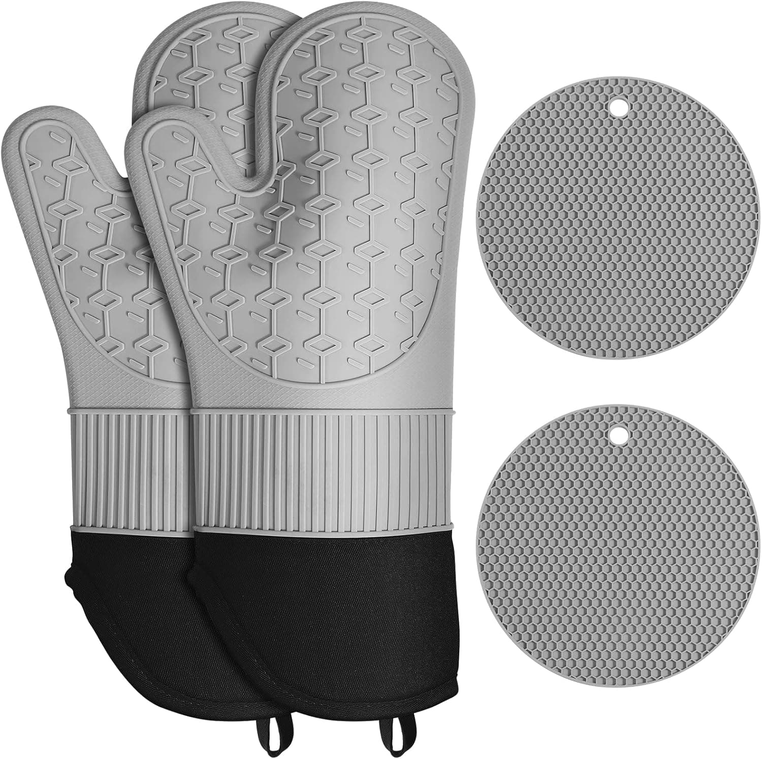 Oven Mitts and Pot Holders Kitchen: 550℉ Heat Resistant Silicone Oven Gloves with Pot Holders 4Pcs Set - Extra Long Quilted Oven Mitt and Large Hot Pads Set Washable Mittens for Kitchen Cooking Baking