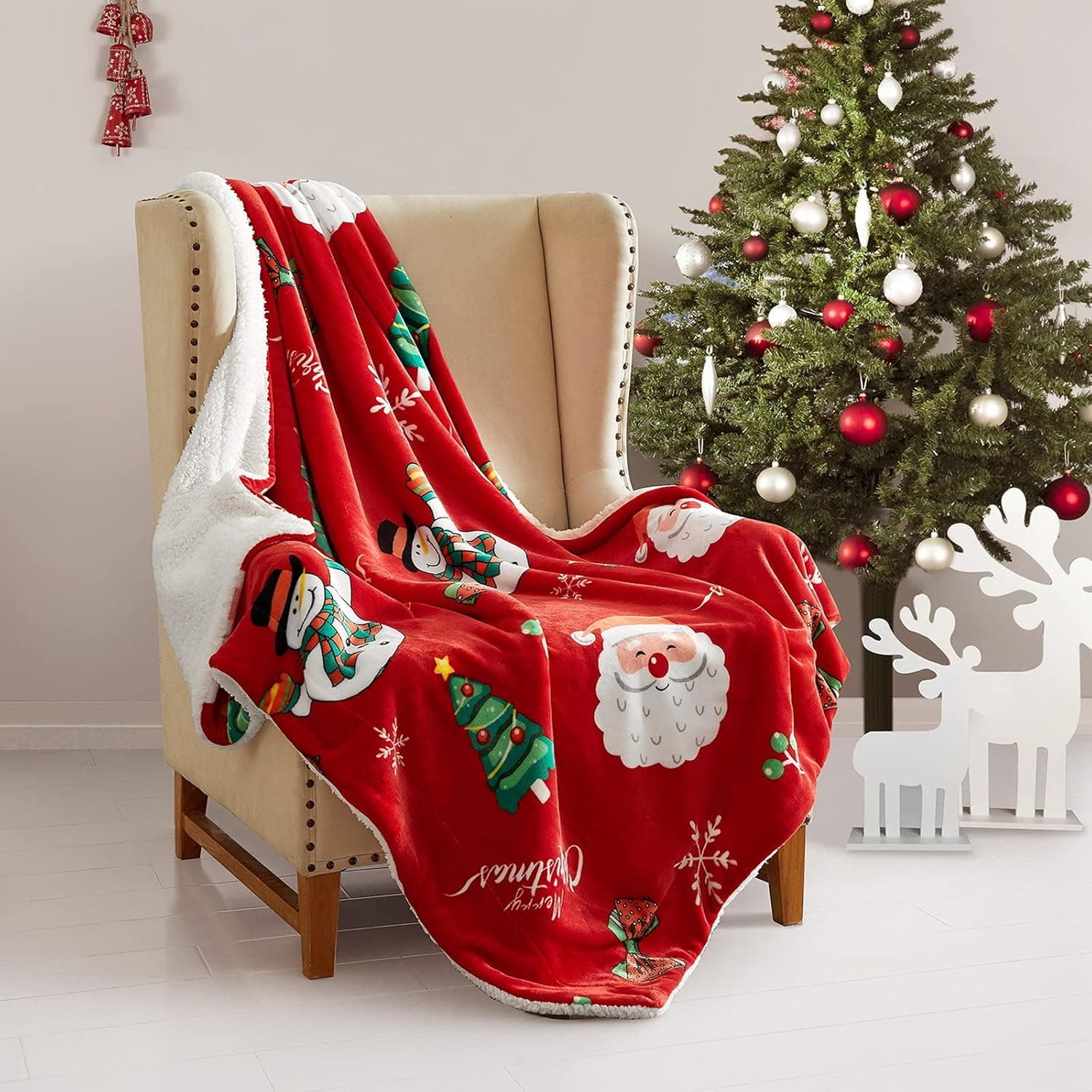 SearchI Christmas Sherpa Fleece Throw Blanket Super Soft Fuzzy Fluffy Printed Santa Claus Flannel Blanket Reversible Warm Cozy Plush Xmas Throw Blankets for Bed Sofa Couch