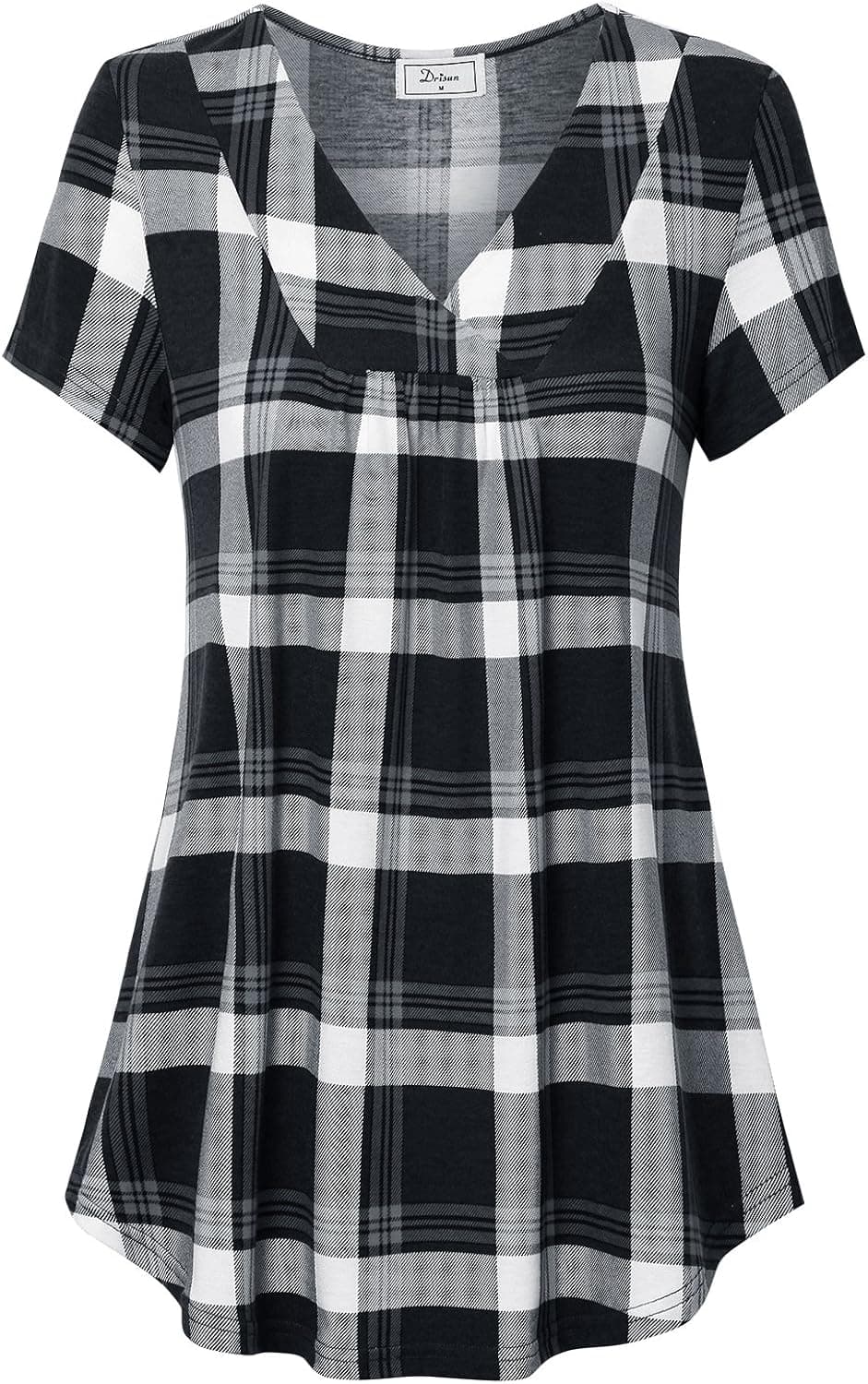 Women's Cross V Neck Short Sleeve Blouse Plaid Center Pleats Tunic Shirt Black M