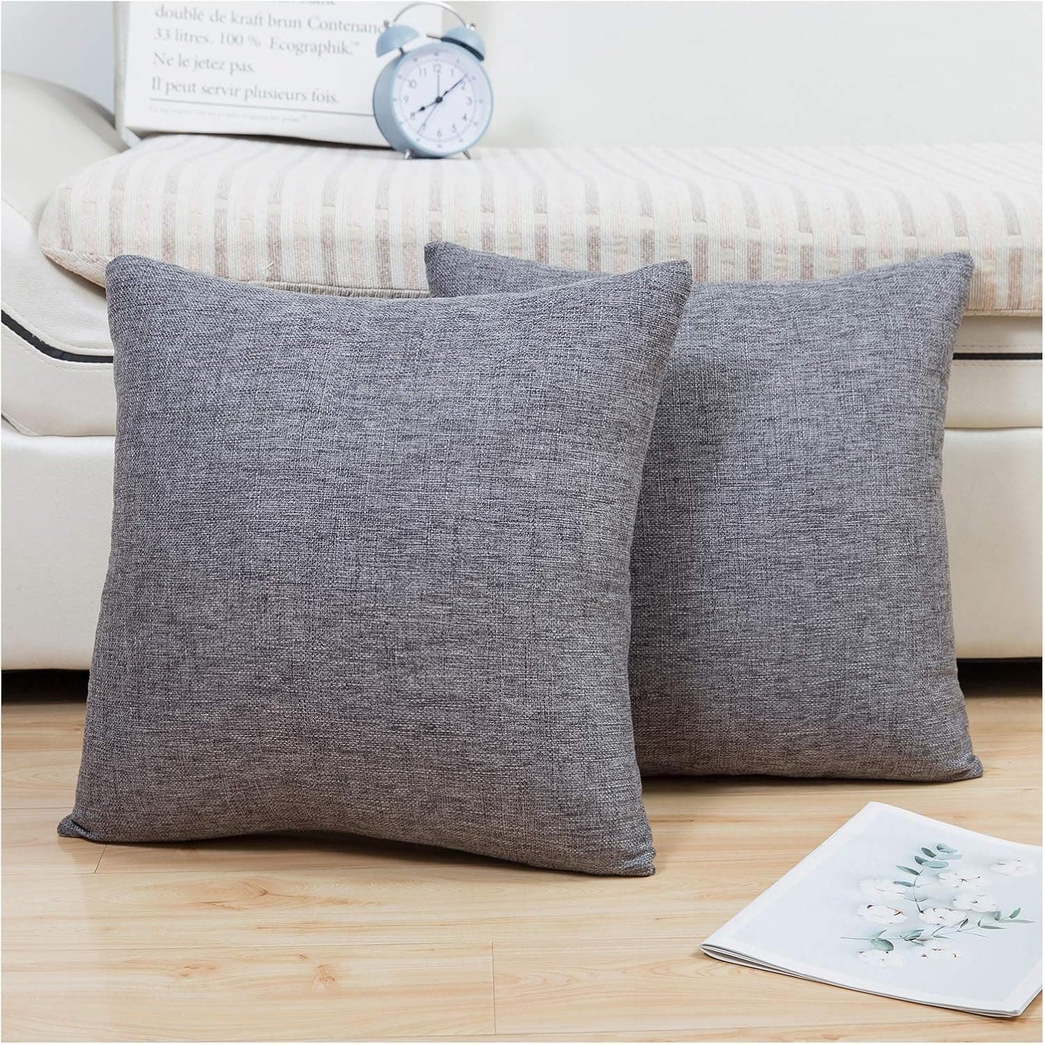 Jepeak Throw Pillow Covers Cushion Cases Pack of 2 Linen Farmhouse Modern Decorative Solid Square Pillow Covers for Couch Sofa Bed Home Decoration (Charcoal Grey, 20 x 20 inch)